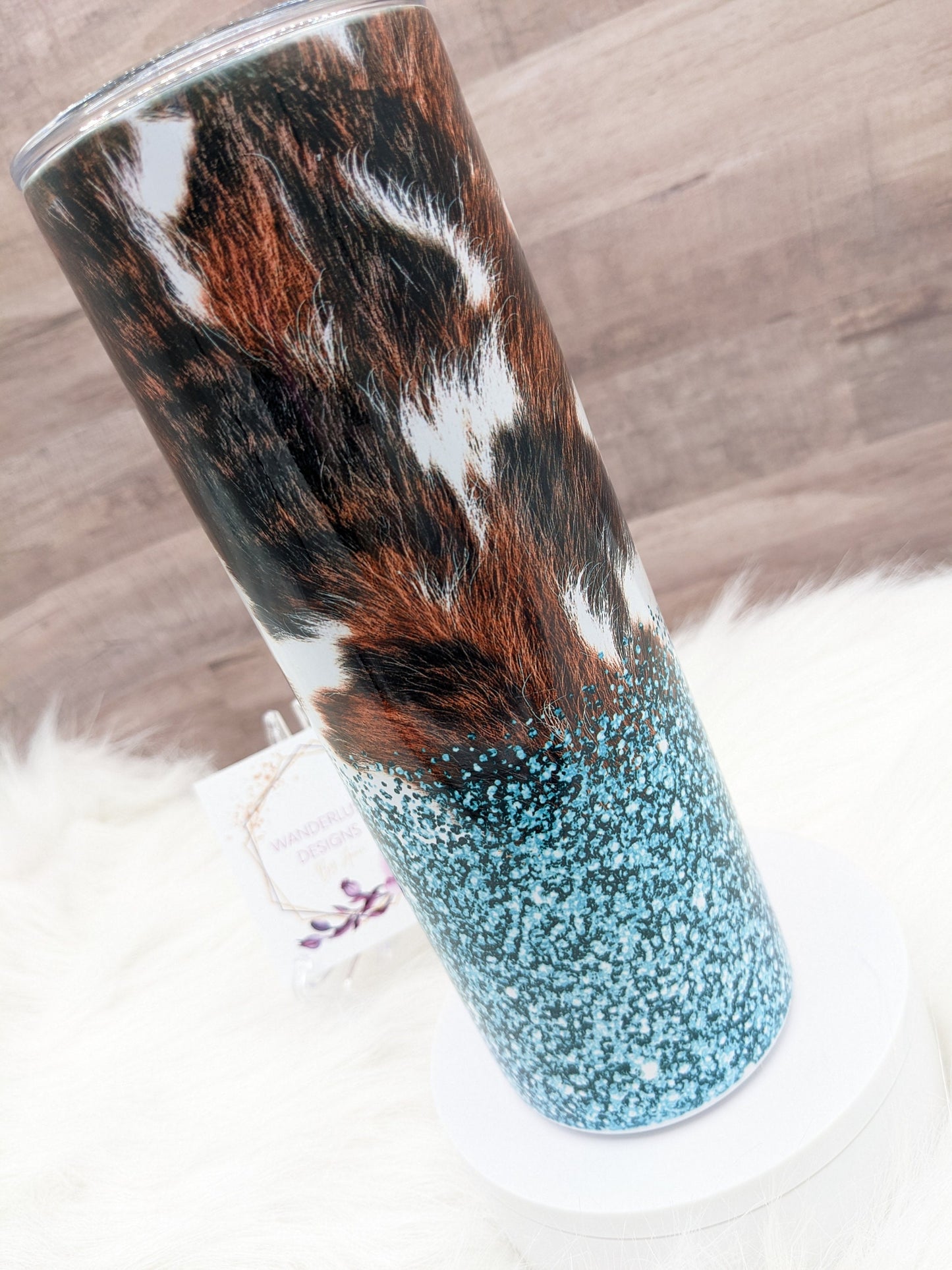 Cowhide and Teal Glitter Western 20 Oz Sublimated Skinny Tumbler - Insulated Stainless