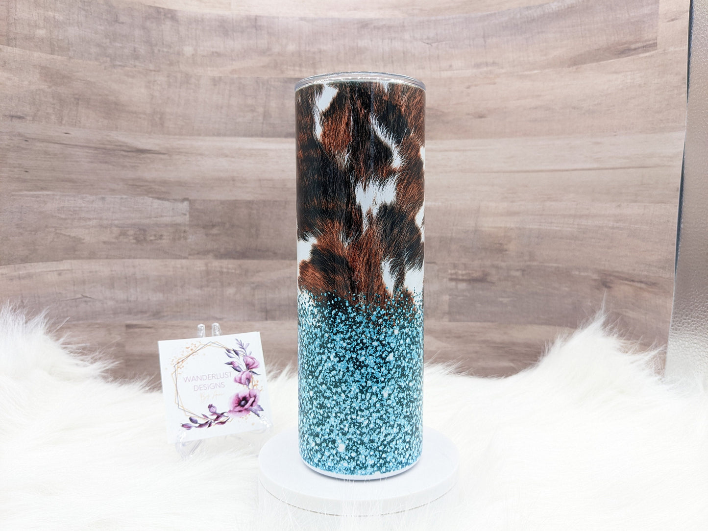 Cowhide and Teal Glitter Western 20 Oz Sublimated Skinny Tumbler - Insulated Stainless