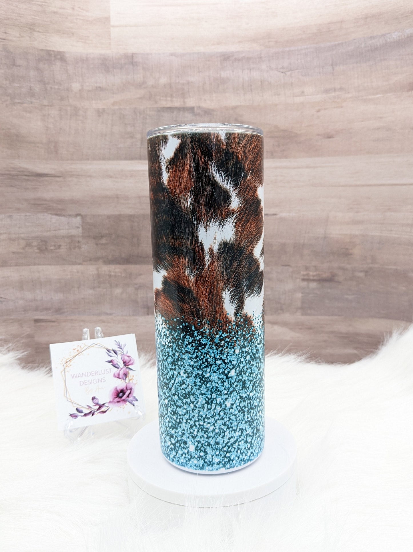 Cowhide and Teal Glitter Western 20 Oz Sublimated Skinny Tumbler - Insulated Stainless