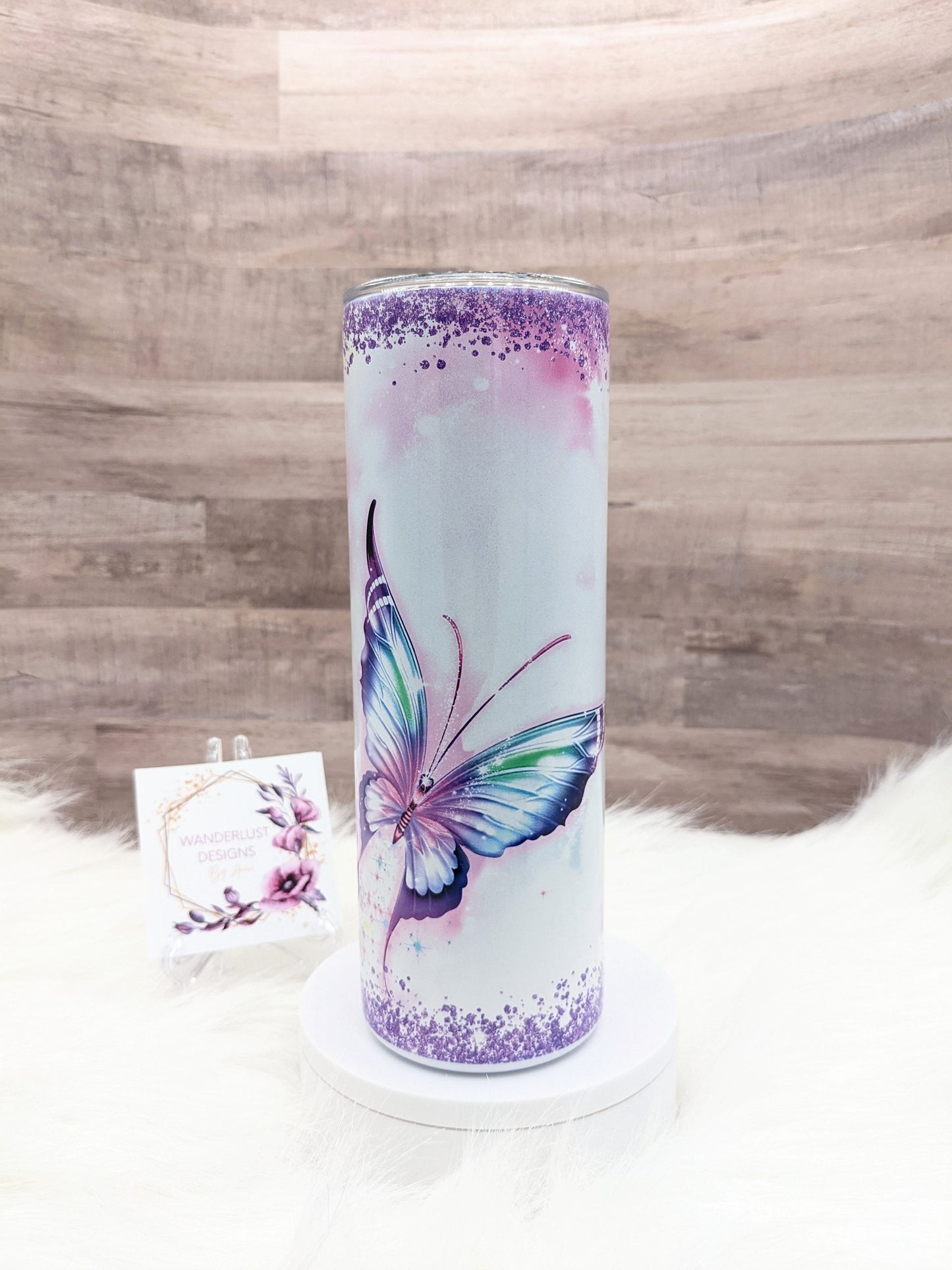 Butterfly with Purple Glitter Shimmer Holographic 20 Oz Sublimated Skinny Tumbler - Insulated Stainless