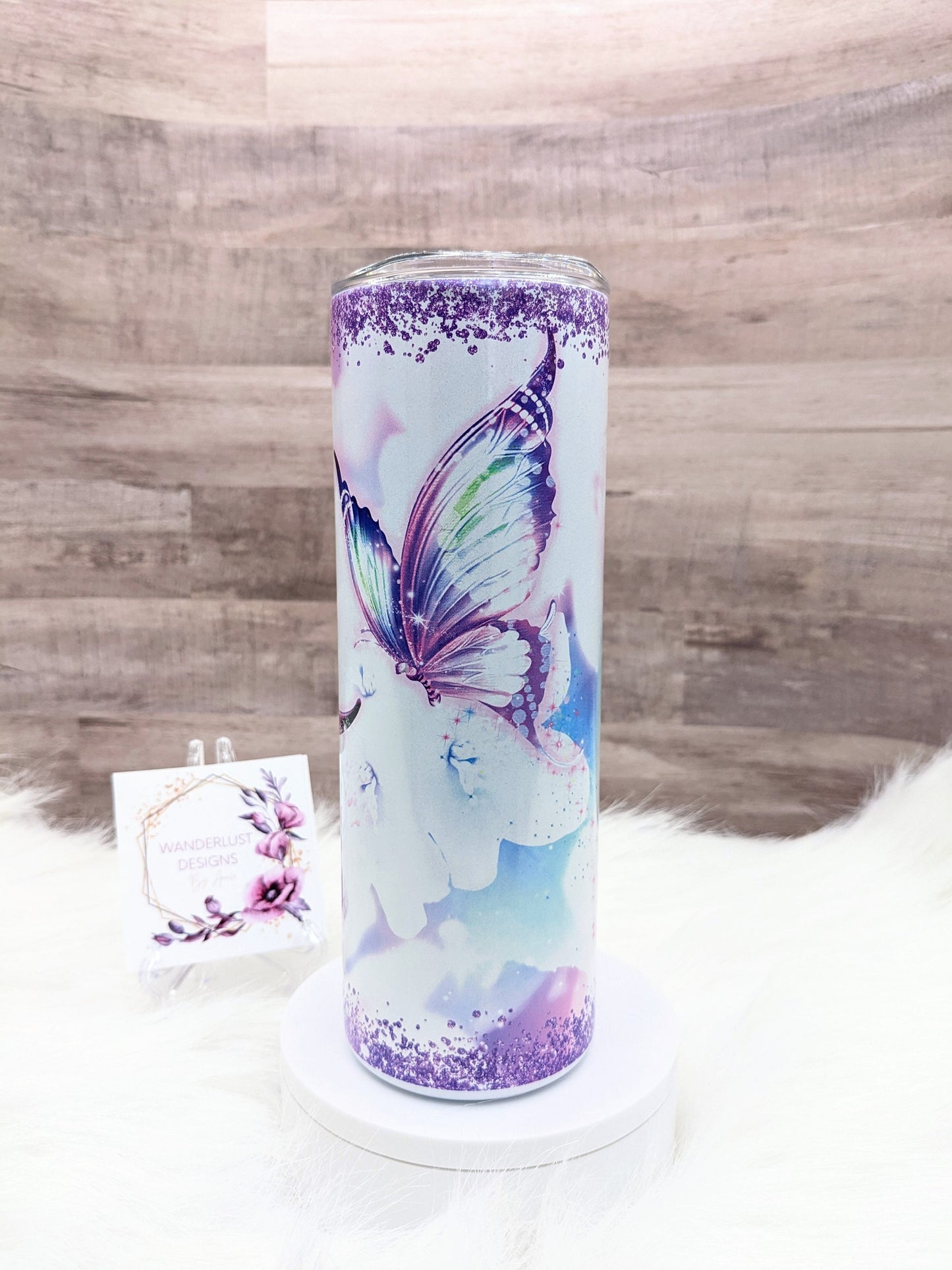 Butterfly with Purple Glitter Shimmer Holographic 20 Oz Sublimated Skinny Tumbler - Insulated Stainless