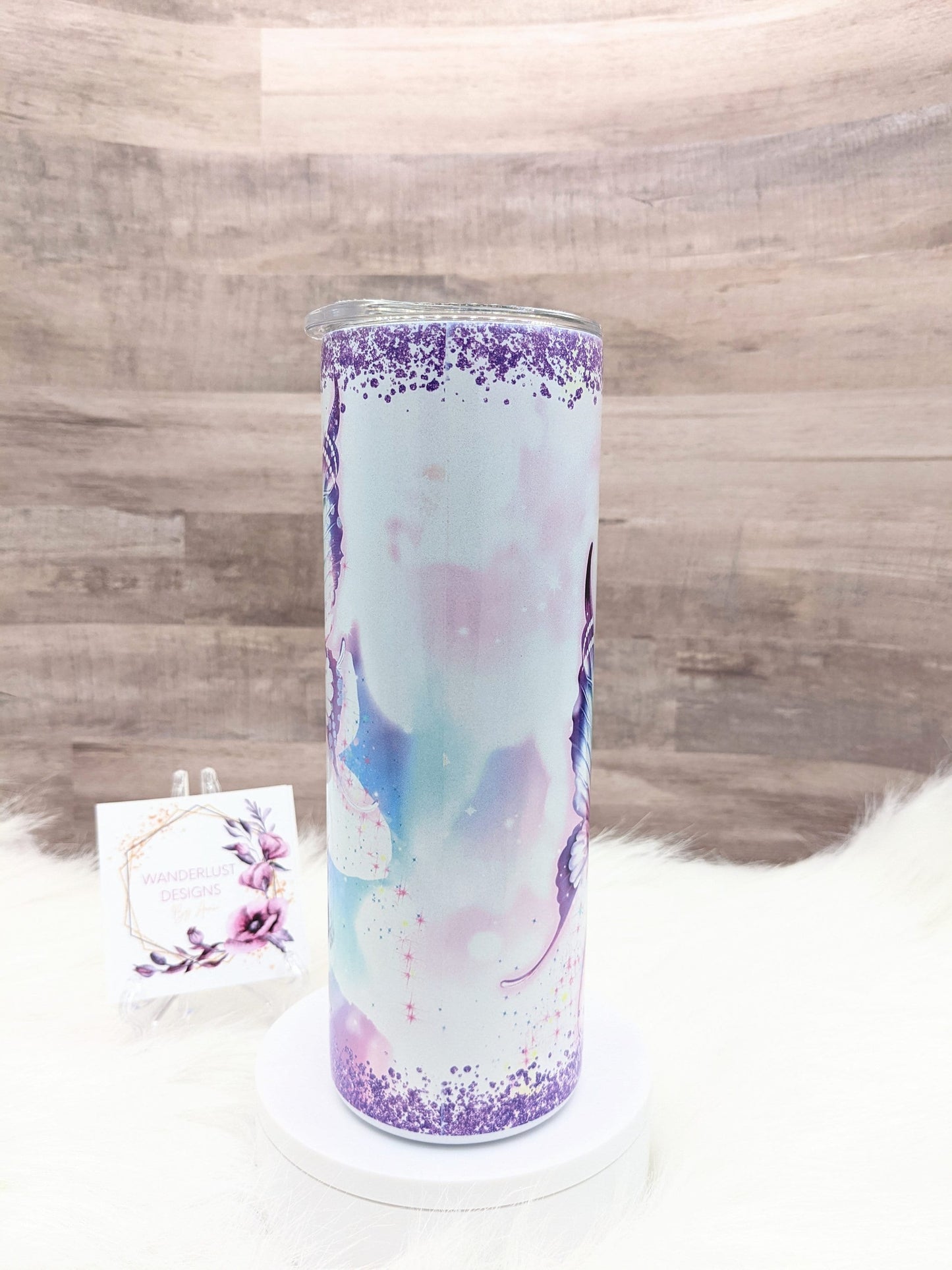 Butterfly with Purple Glitter Shimmer Holographic 20 Oz Sublimated Skinny Tumbler - Insulated Stainless