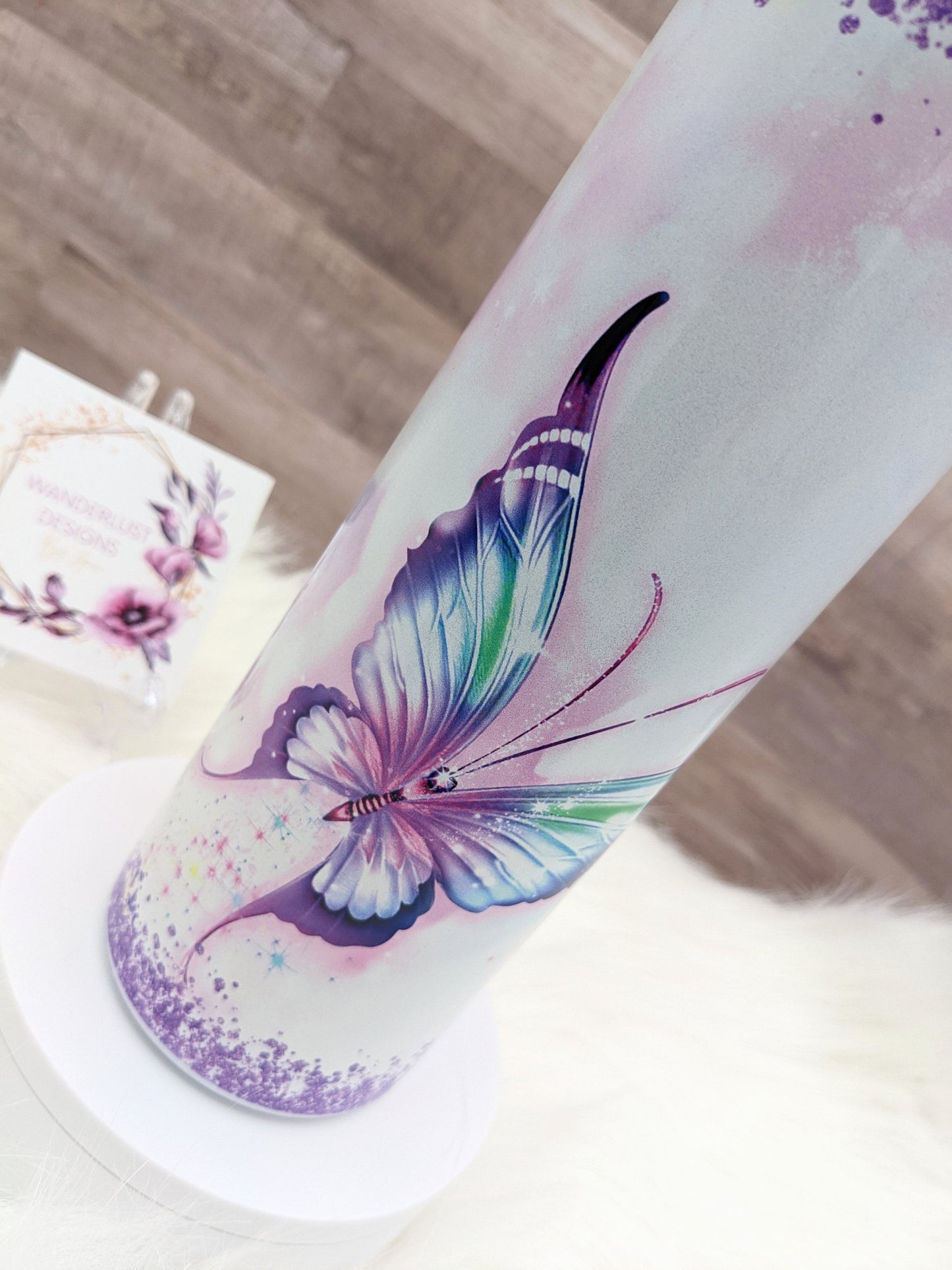 Butterfly with Purple Glitter Shimmer Holographic 20 Oz Sublimated Skinny Tumbler - Insulated Stainless