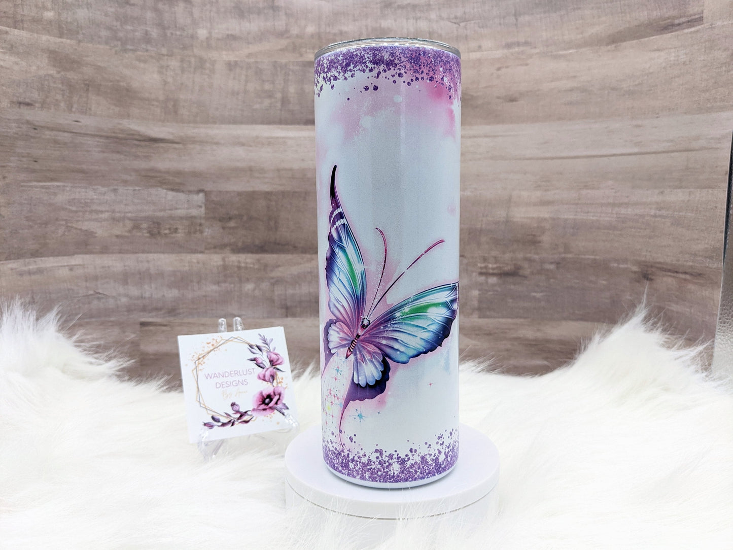 Butterfly with Purple Glitter Shimmer Holographic 20 Oz Sublimated Skinny Tumbler - Insulated Stainless