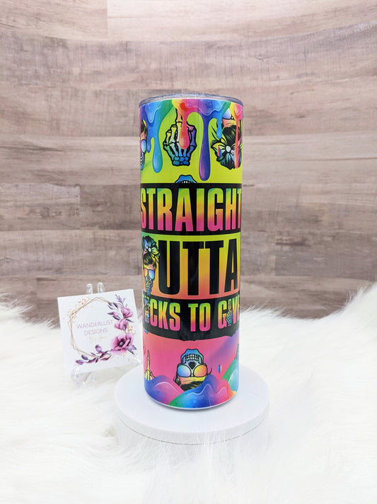 Straight Outta Fucks to Give No Fucks Skull Middle Finger Neon 20 Oz Sublimated Skinny Tumbler - Insulated Stainless