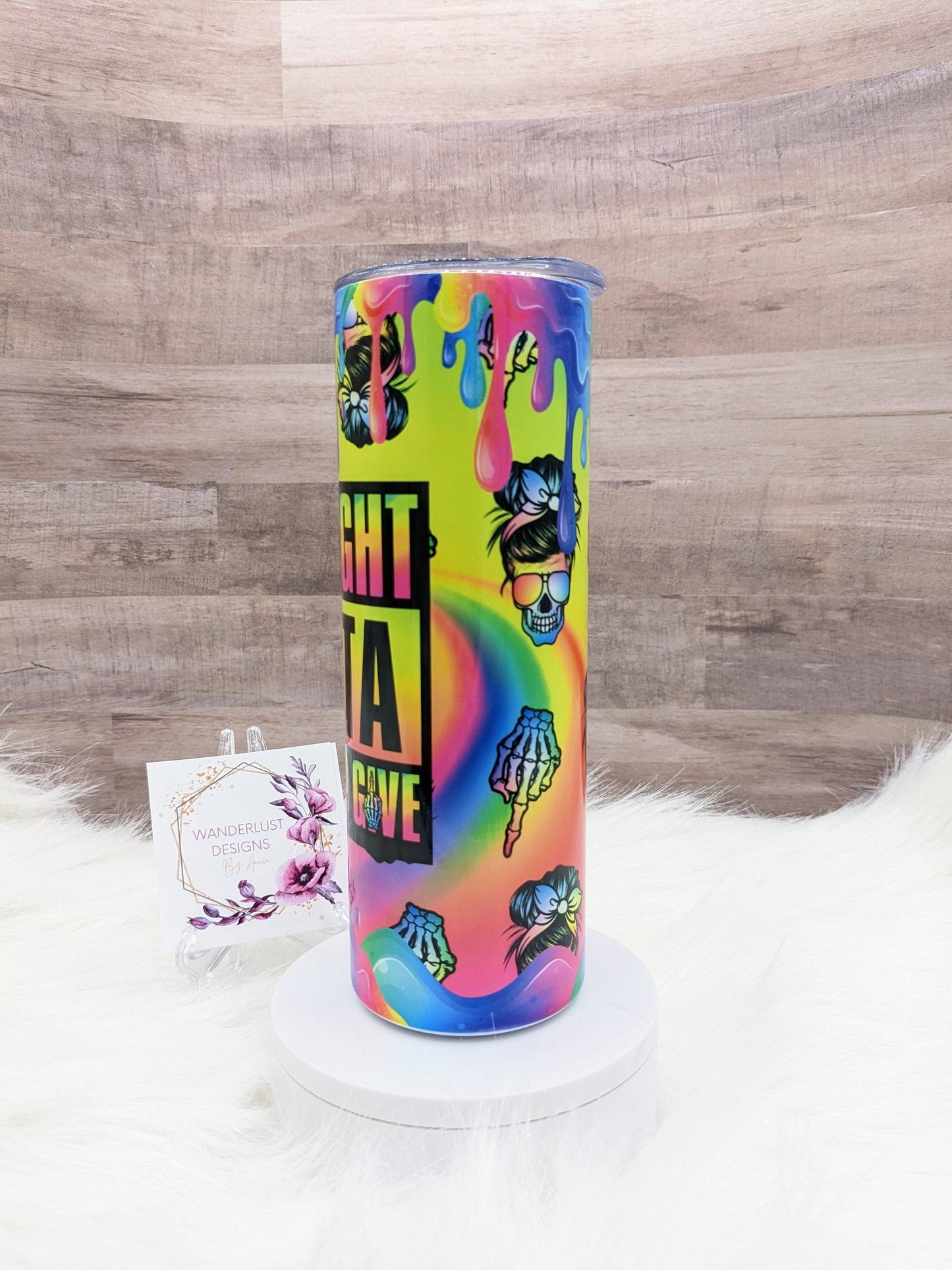 Straight Outta Fucks to Give No Fucks Skull Middle Finger Neon 20 Oz Sublimated Skinny Tumbler - Insulated Stainless