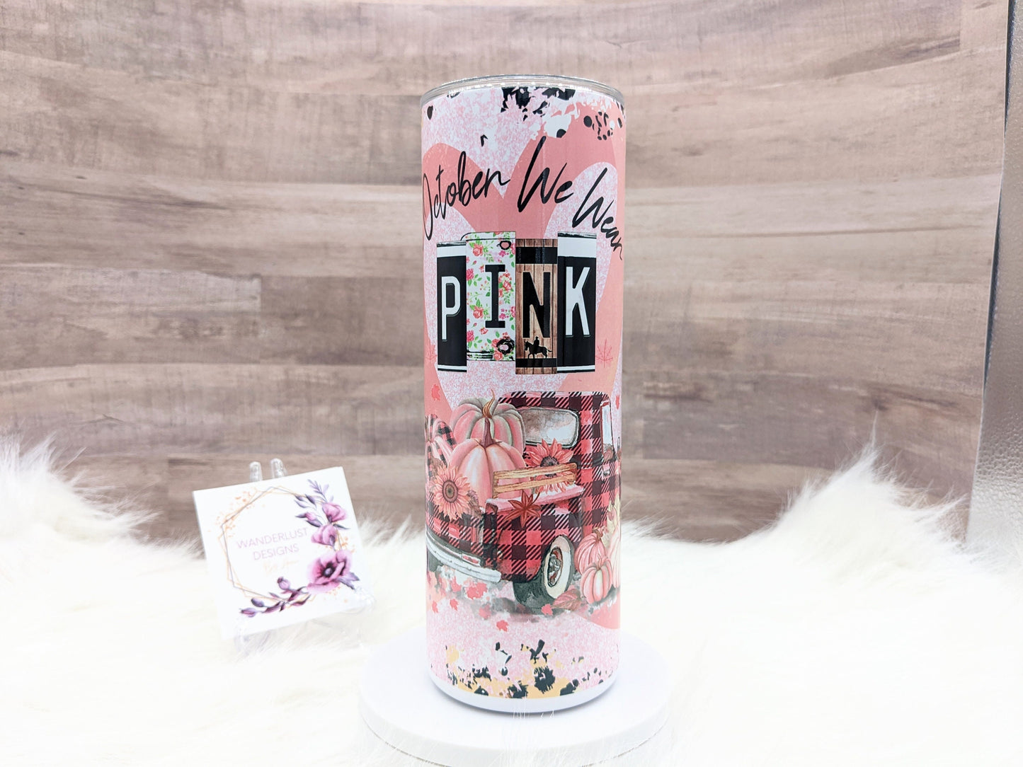 Breast Cancer Awareness October We Wear Pink Truck 20 Oz Sublimated Skinny Tumbler - Insulated Stainless