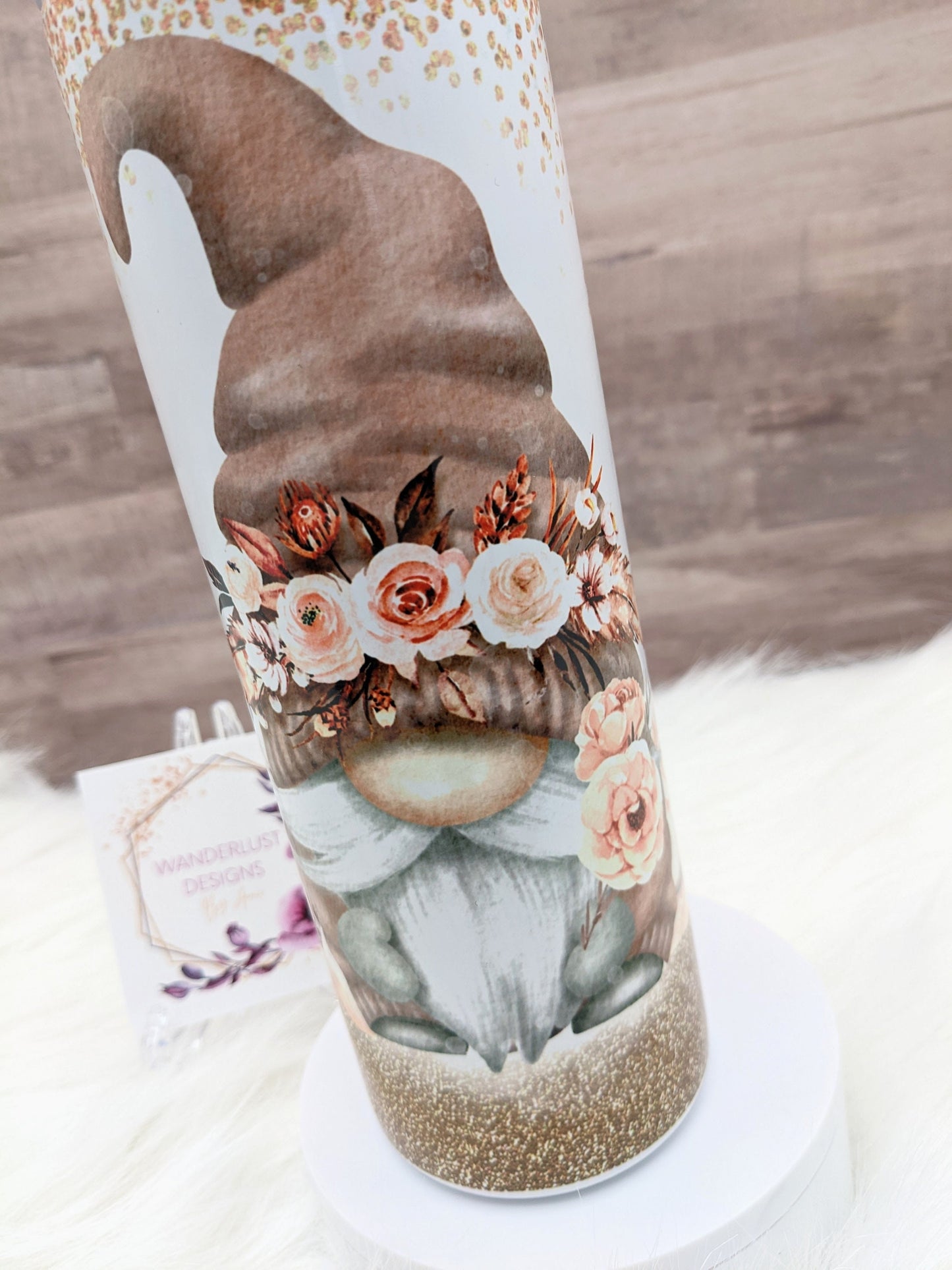 Boho Floral Gnome with Glitter Accents Peach Copper 20 Oz Sublimated Skinny Tumbler - Insulated Stainless