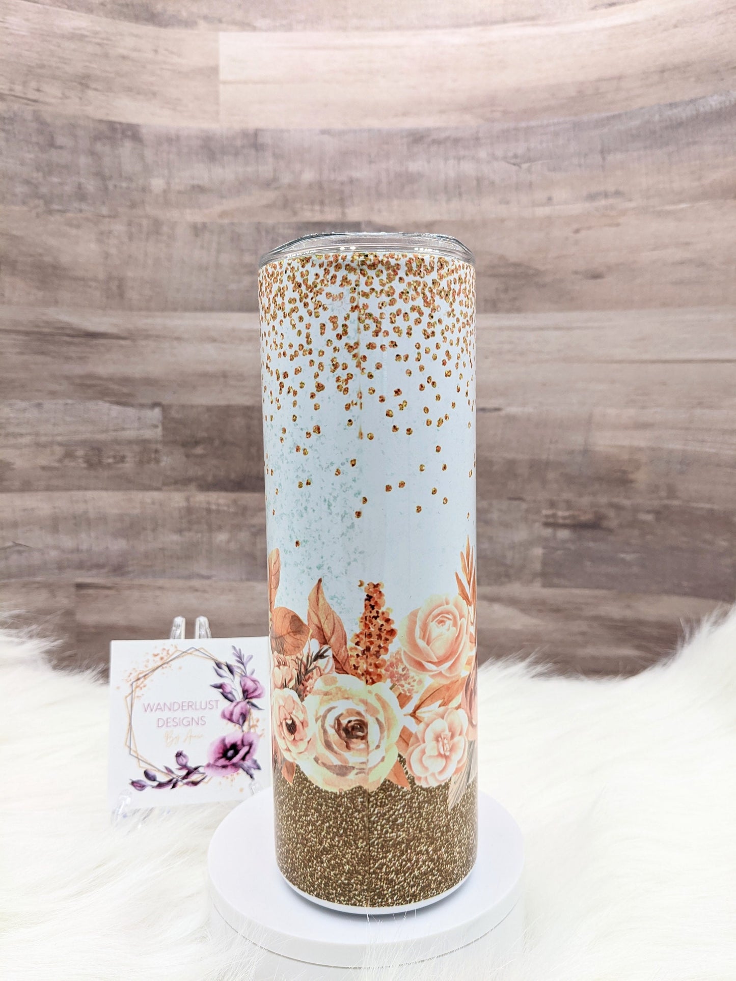 Boho Floral Gnome with Glitter Accents Peach Copper 20 Oz Sublimated Skinny Tumbler - Insulated Stainless