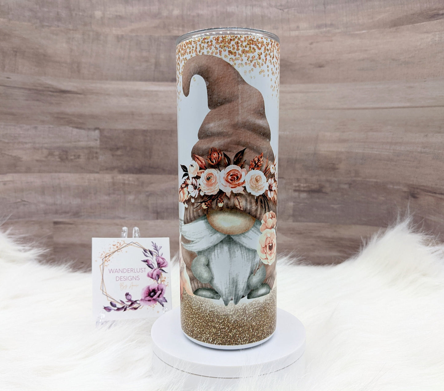 Boho Floral Gnome with Glitter Accents Peach Copper 20 Oz Sublimated Skinny Tumbler - Insulated Stainless