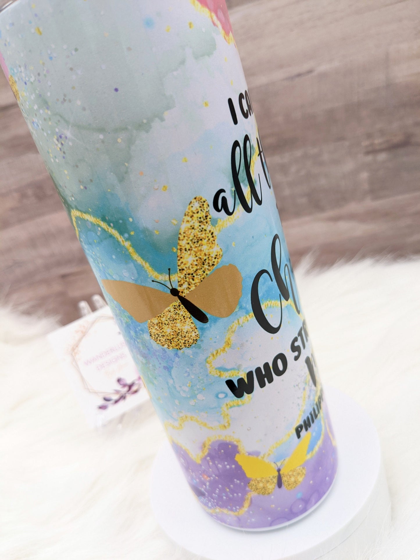 Agate Butterfly Inspirational Philippians 4:13 Bible Faith Religious 20 Oz Sublimated Skinny Tumbler - Insulated Stainless