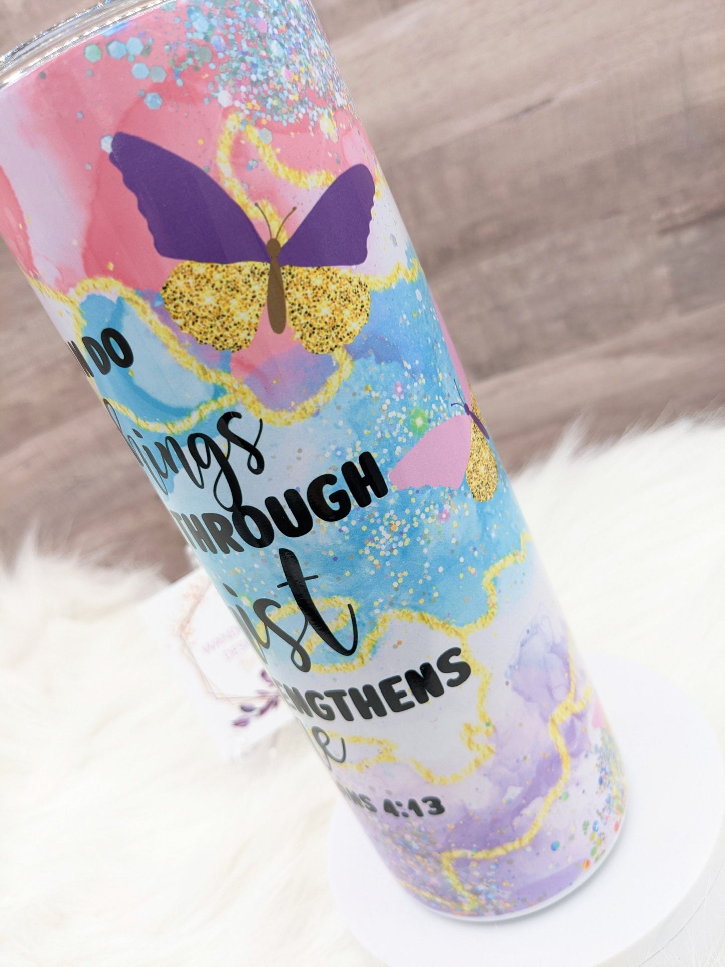 Agate Butterfly Inspirational Philippians 4:13 Bible Faith Religious 20 Oz Sublimated Skinny Tumbler - Insulated Stainless