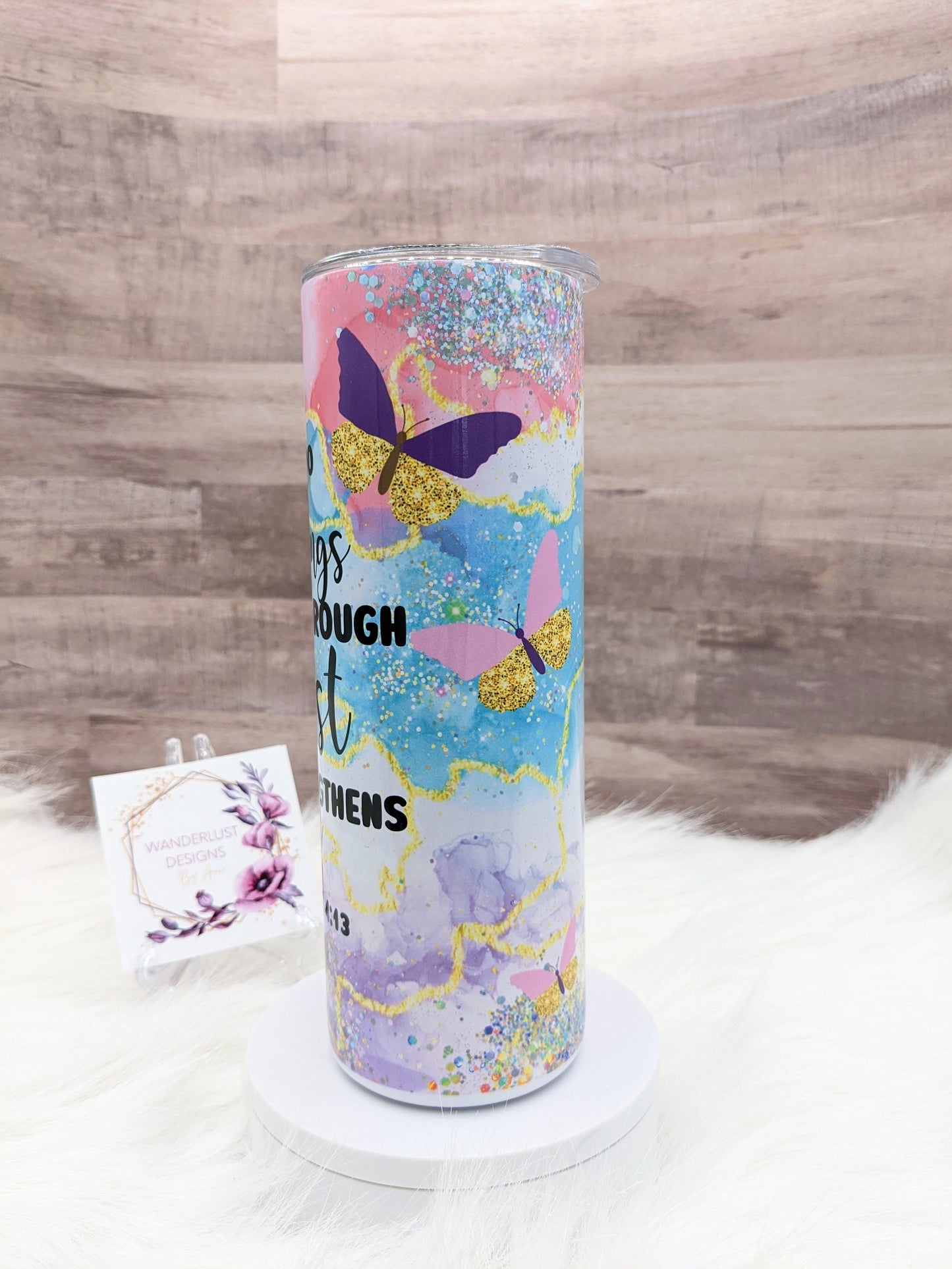 Agate Butterfly Inspirational Philippians 4:13 Bible Faith Religious 20 Oz Sublimated Skinny Tumbler - Insulated Stainless