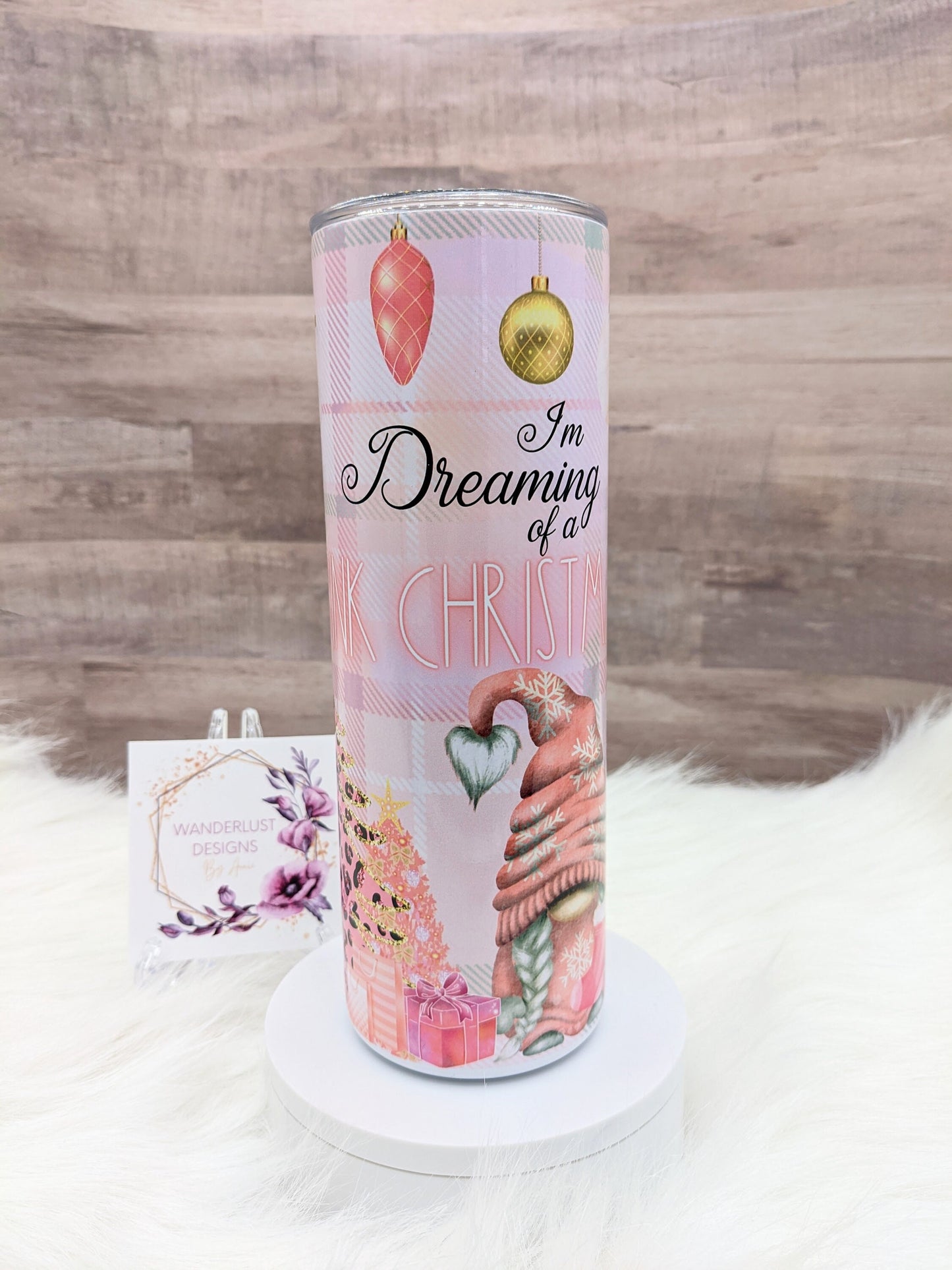 Dreaming of a Pink Christmas Gnome Plaid Leopard and Glitter Accents 20 Oz Sublimated Skinny Tumbler - Insulated Stainless