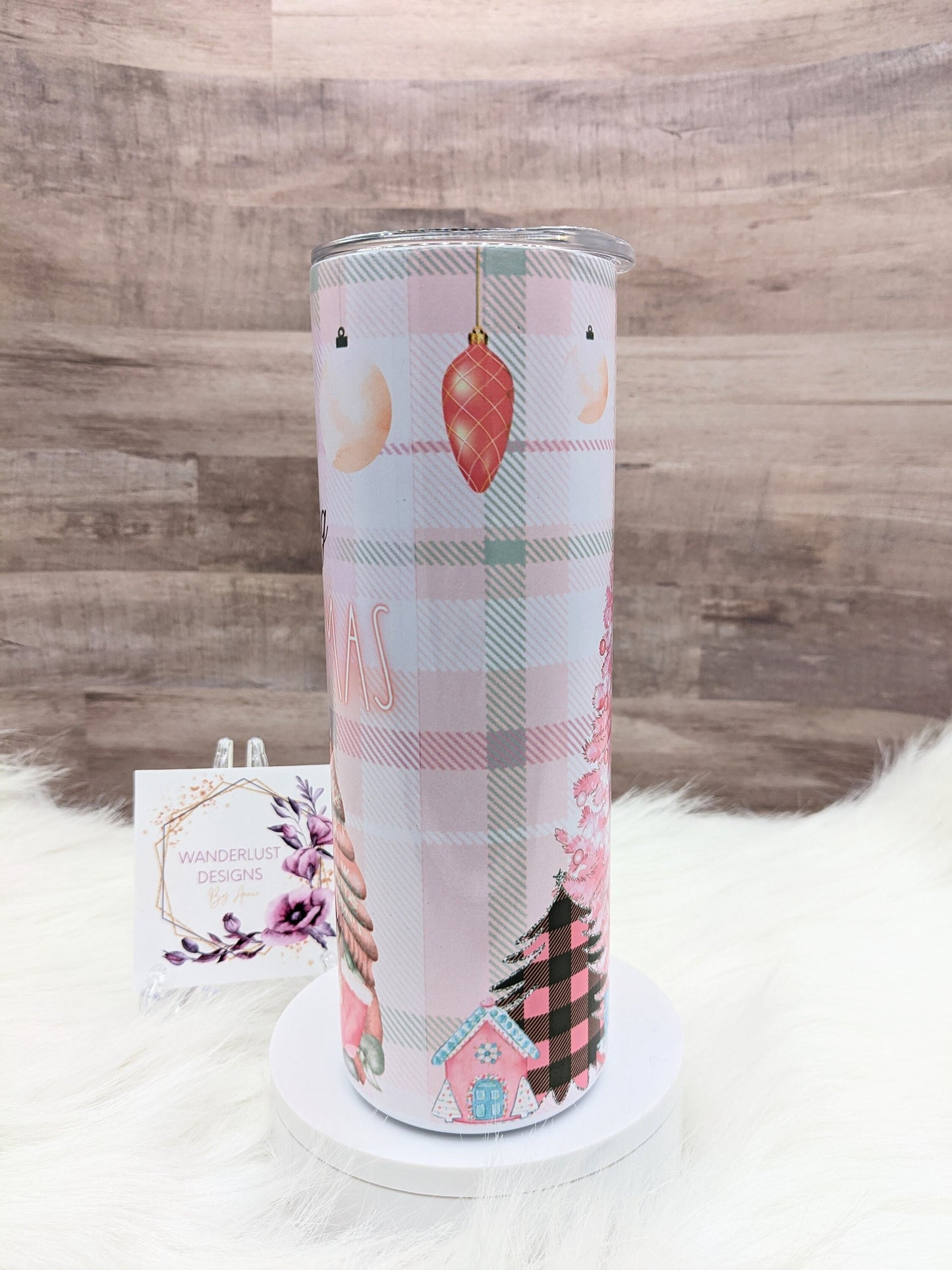 Dreaming of a Pink Christmas Gnome Plaid Leopard and Glitter Accents 20 Oz Sublimated Skinny Tumbler - Insulated Stainless