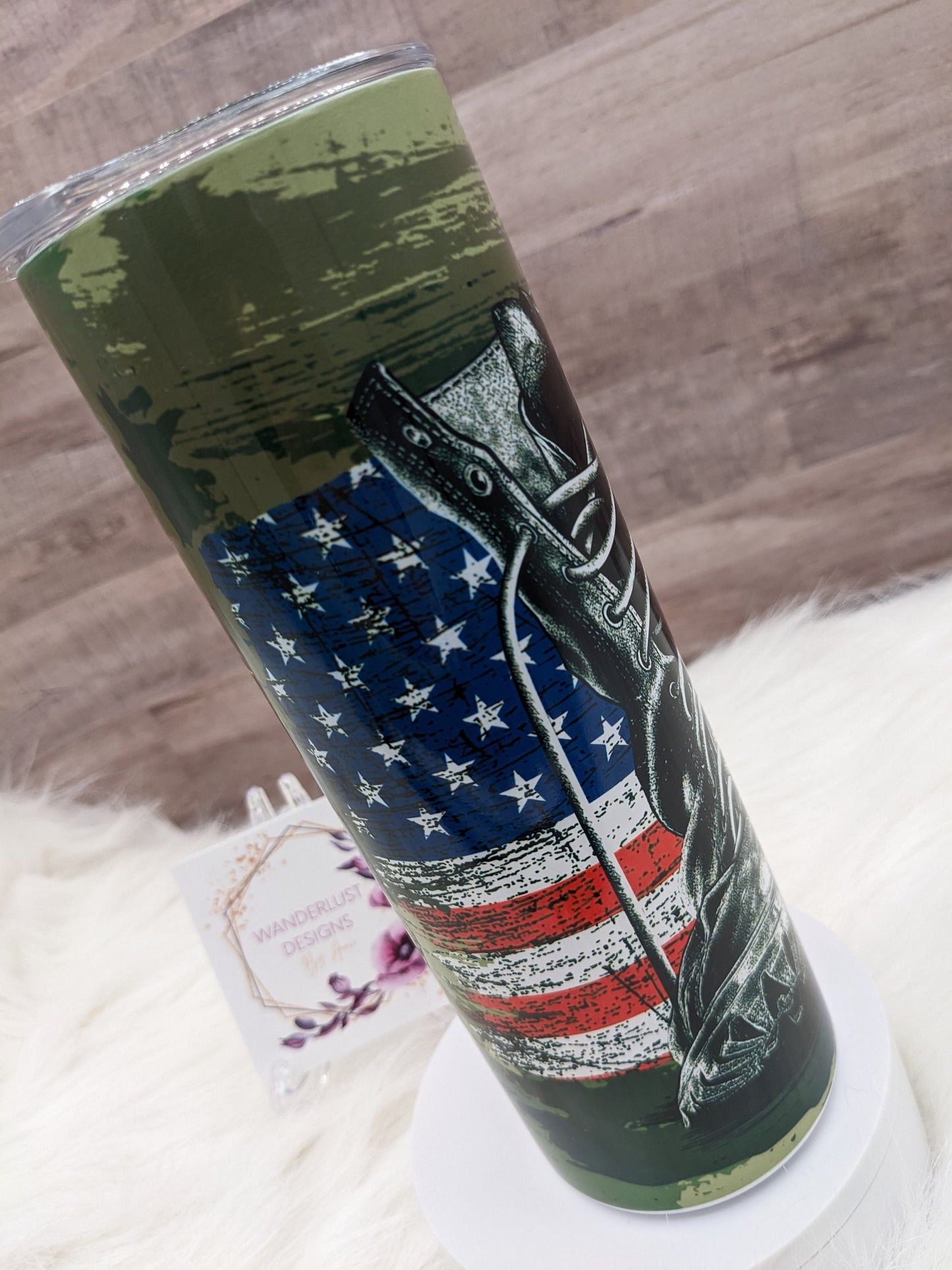 Military Combat Boots Dog Tags Flag USA Patriotic Veteran 20 Oz Sublimated Skinny Tumbler - Insulated Stainless