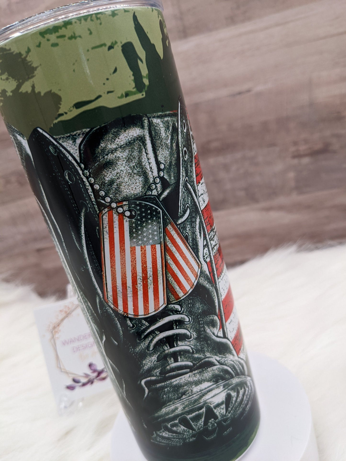 Military Combat Boots Dog Tags Flag USA Patriotic Veteran 20 Oz Sublimated Skinny Tumbler - Insulated Stainless