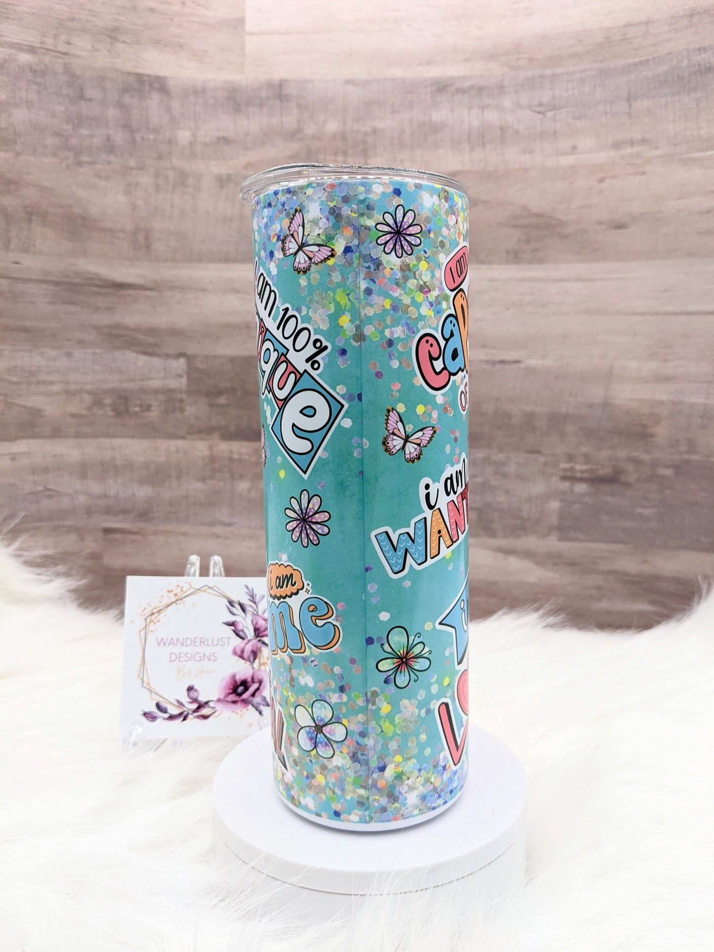 Affirmation Themed I am Enough I am Loved I am Capable Glitter Teal and Pink 20 Oz Sublimated Skinny Tumbler - Insulated Stainless