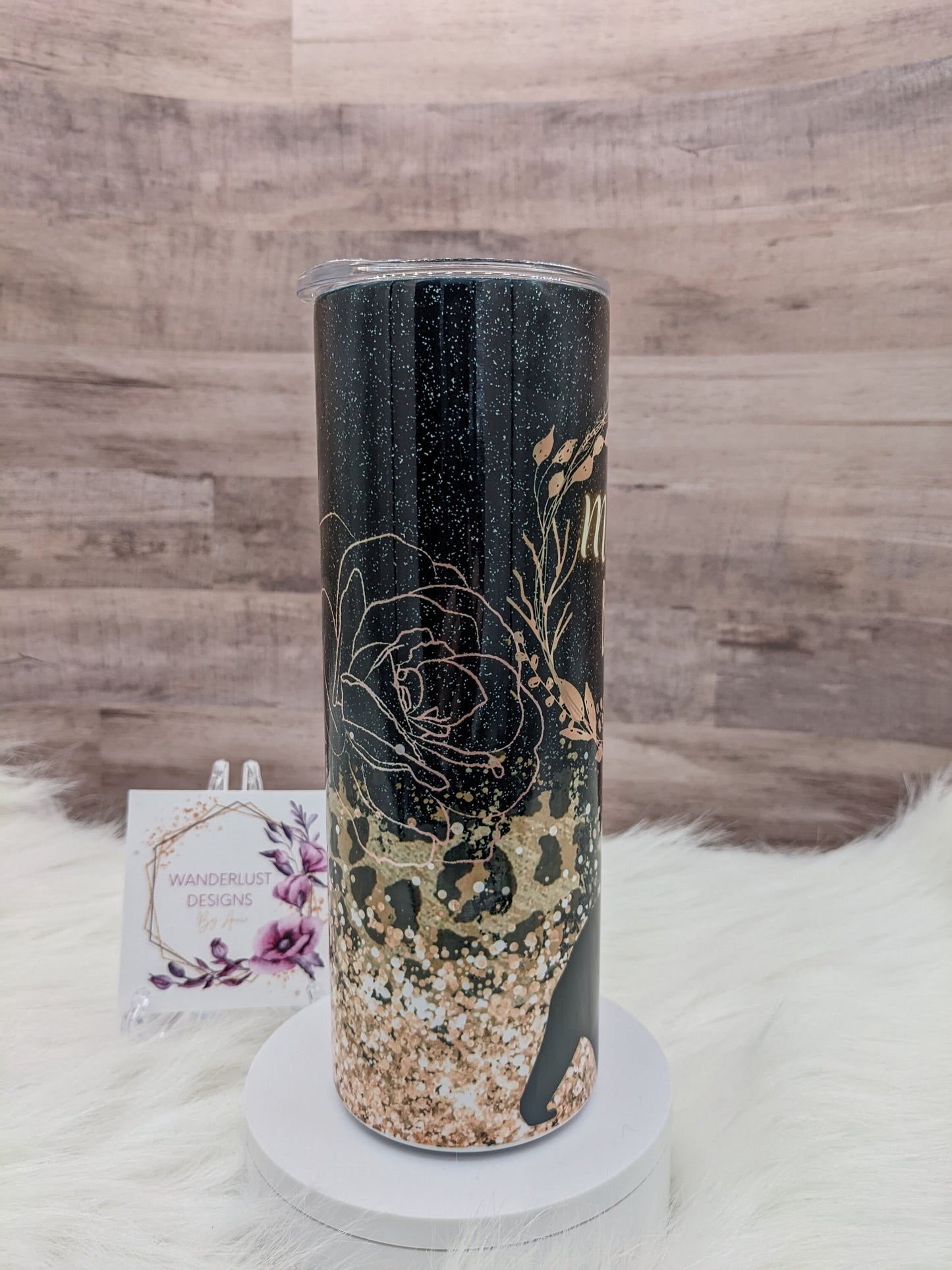 Momma Bear Black with Rose Gold Flowers and Gold Glitter Leopard Print  Accents 20 Oz Sublimated Skinny Tumbler - Insulated Stainless