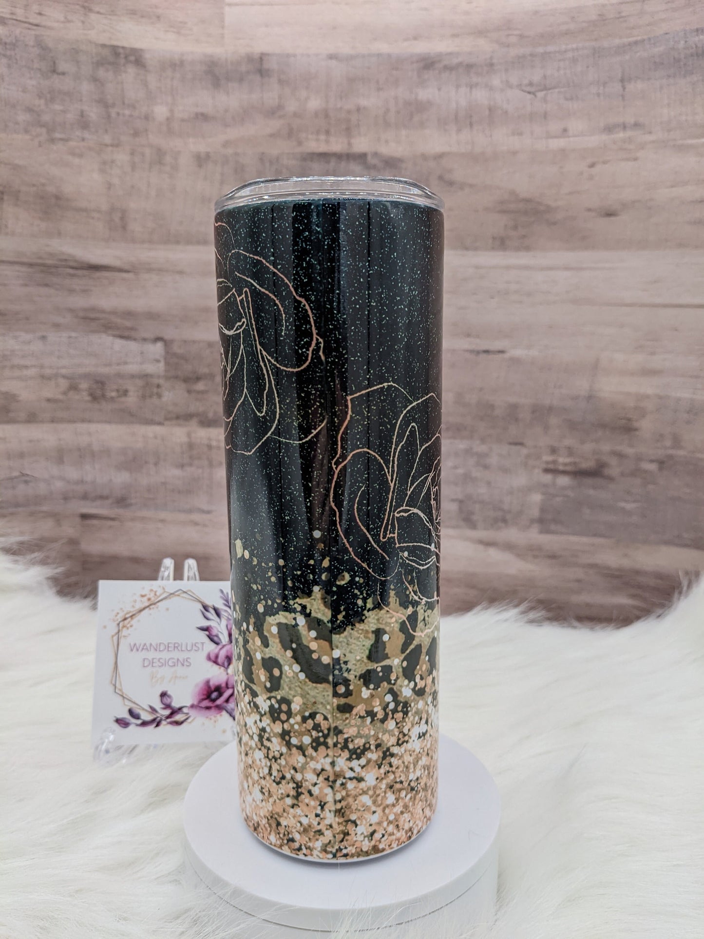 Momma Bear Black with Rose Gold Flowers and Gold Glitter Leopard Print  Accents 20 Oz Sublimated Skinny Tumbler - Insulated Stainless