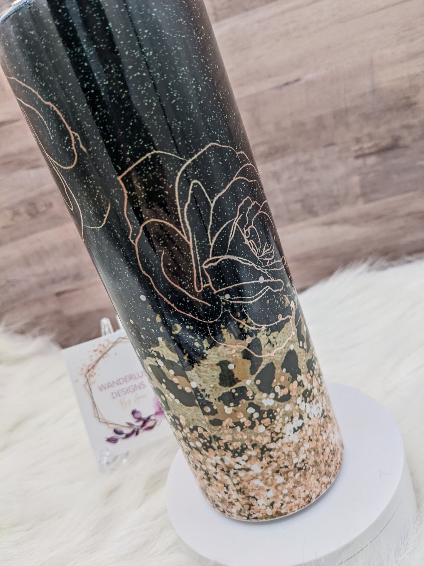 Momma Bear Black with Rose Gold Flowers and Gold Glitter Leopard Print  Accents 20 Oz Sublimated Skinny Tumbler - Insulated Stainless