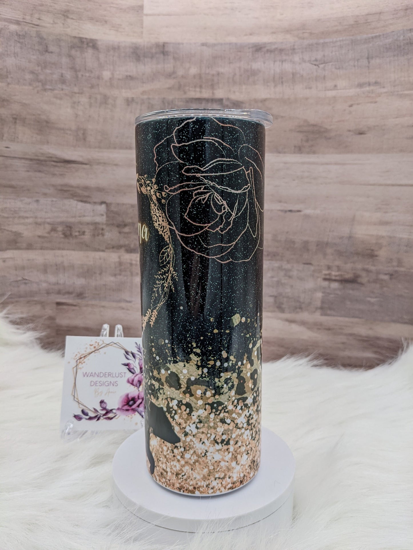 Momma Bear Black with Rose Gold Flowers and Gold Glitter Leopard Print  Accents 20 Oz Sublimated Skinny Tumbler - Insulated Stainless