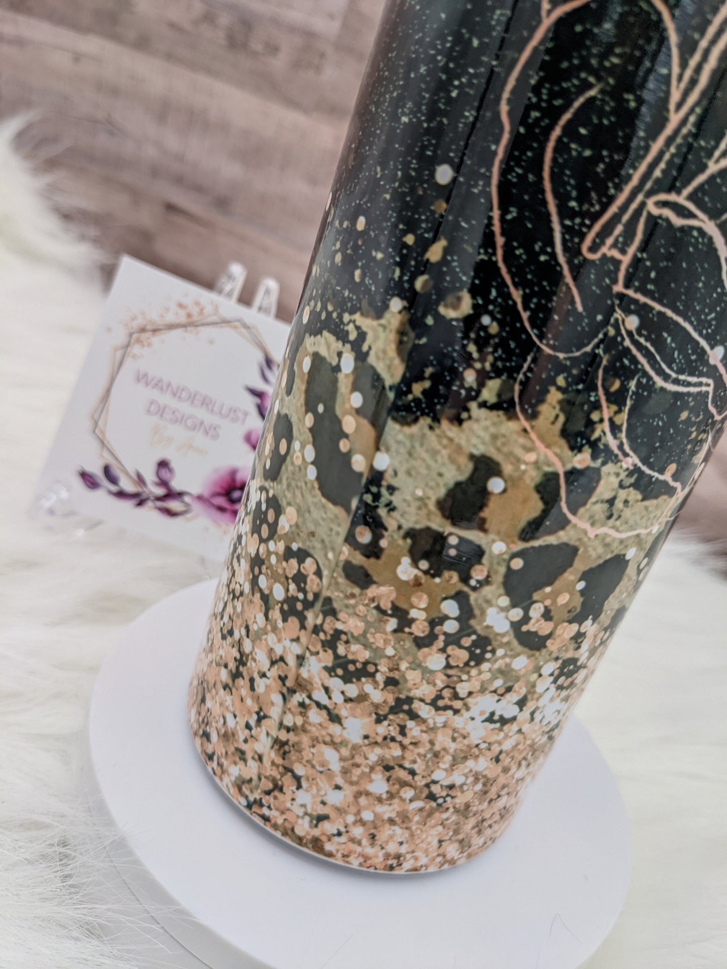 Momma Bear Black with Rose Gold Flowers and Gold Glitter Leopard Print  Accents 20 Oz Sublimated Skinny Tumbler - Insulated Stainless