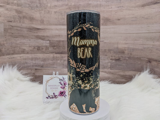 Momma Bear Black with Rose Gold Flowers and Gold Glitter Leopard Print  Accents 20 Oz Sublimated Skinny Tumbler - Insulated Stainless