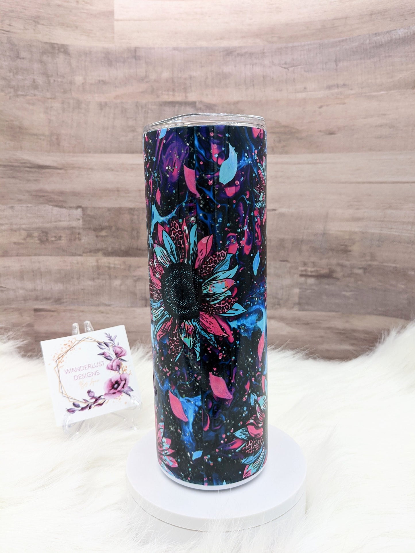 Pink, Aqua and Blue Sunflower 20 Oz Sublimated Skinny Tumbler - Insulated Stainless