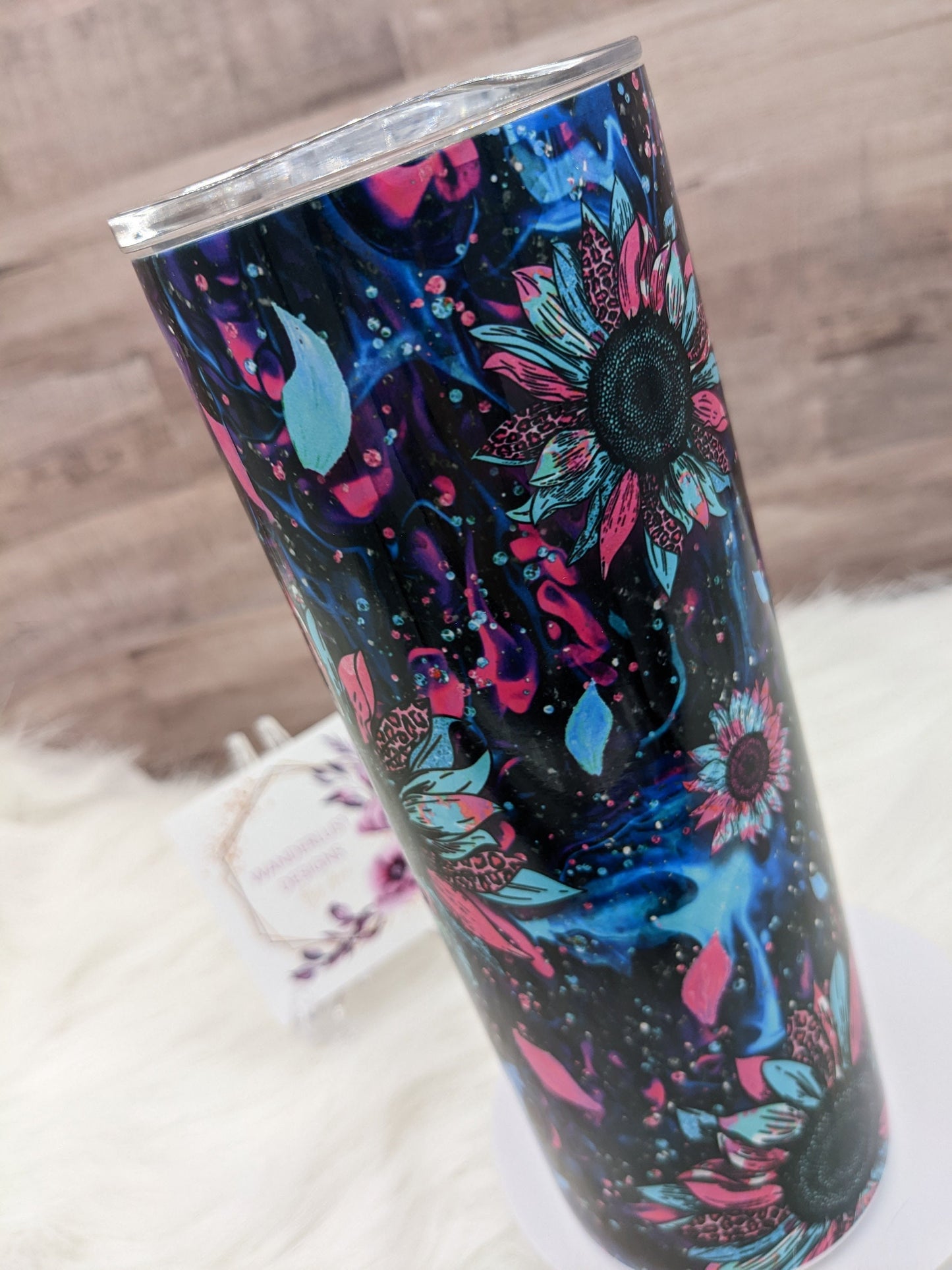 Pink, Aqua and Blue Sunflower 20 Oz Sublimated Skinny Tumbler - Insulated Stainless