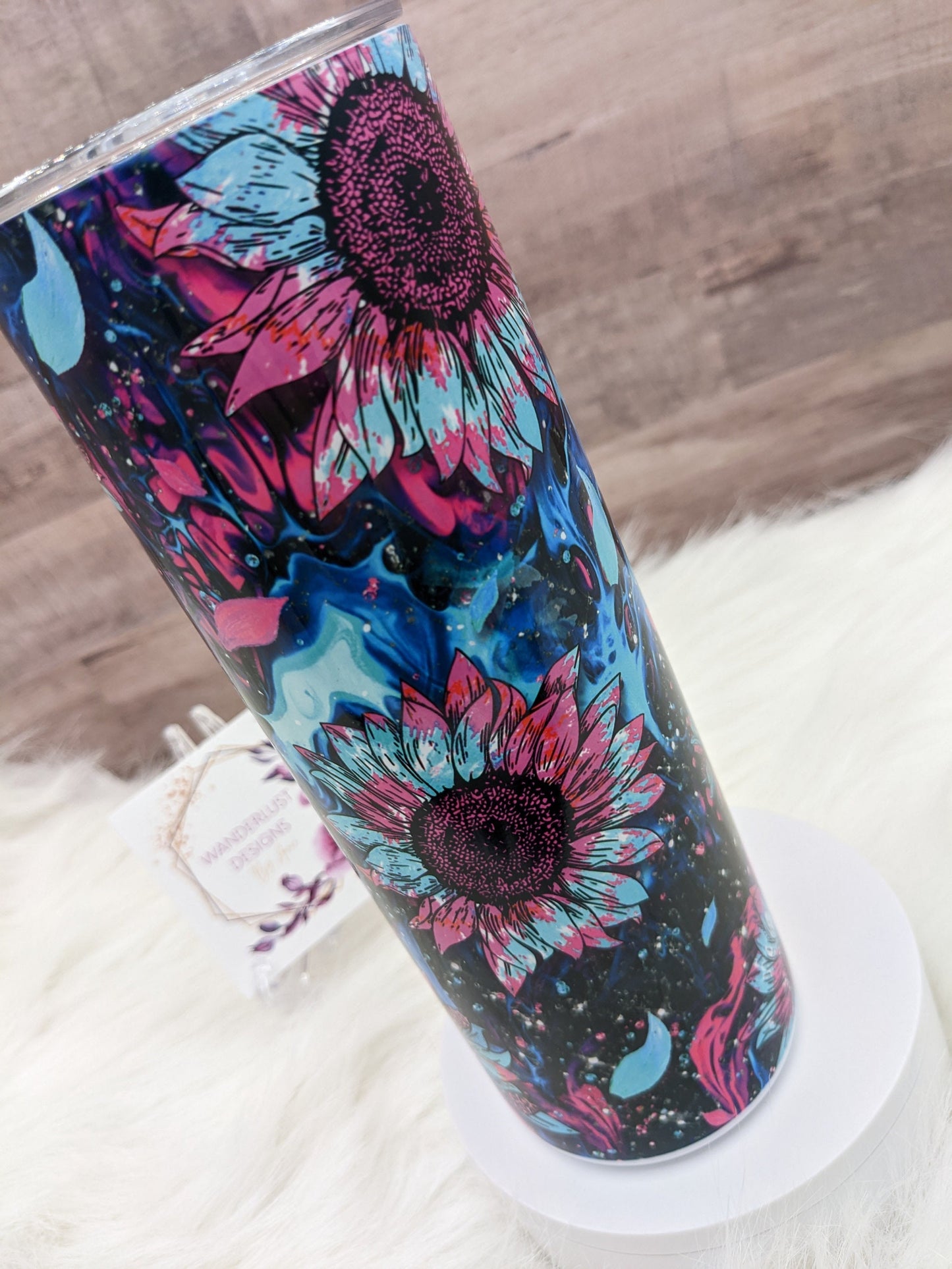 Pink, Aqua and Blue Sunflower 20 Oz Sublimated Skinny Tumbler - Insulated Stainless