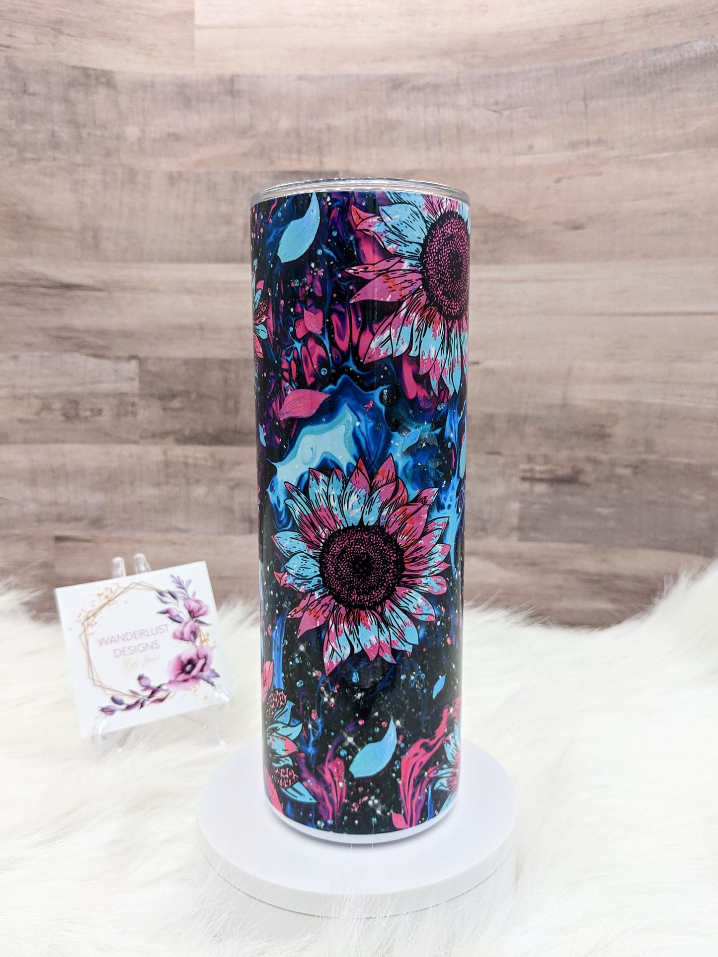 Pink, Aqua and Blue Sunflower 20 Oz Sublimated Skinny Tumbler - Insulated Stainless