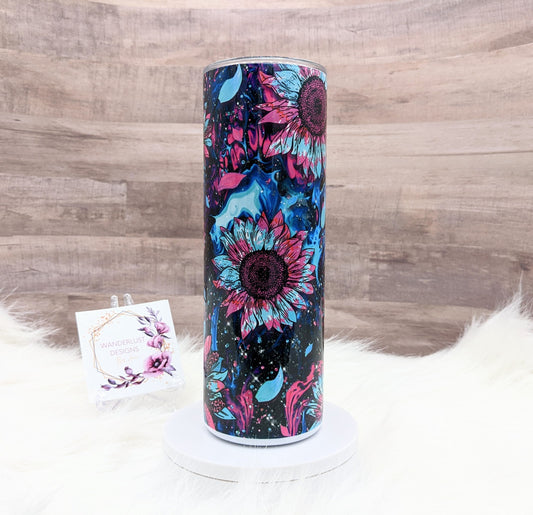 Pink, Aqua and Blue Sunflower 20 Oz Sublimated Skinny Tumbler - Insulated Stainless