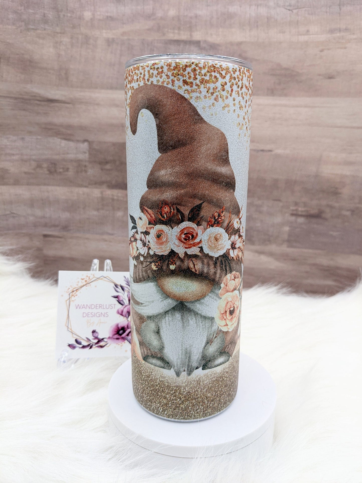 Glitter Boho Floral Gnome with Glitter Accents Peach Copper 20 Oz Sublimated Skinny Tumbler - Insulated Stainless