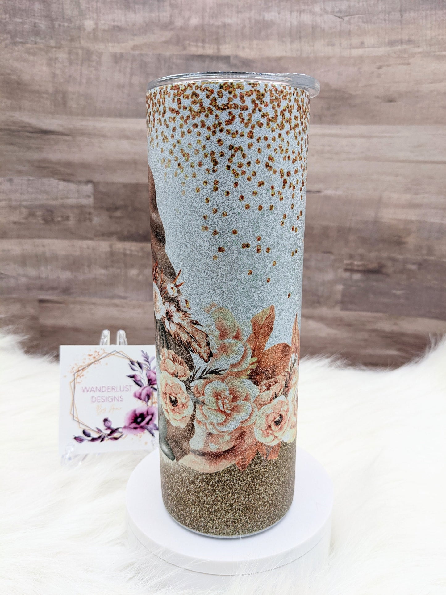 Glitter Boho Floral Gnome with Glitter Accents Peach Copper 20 Oz Sublimated Skinny Tumbler - Insulated Stainless