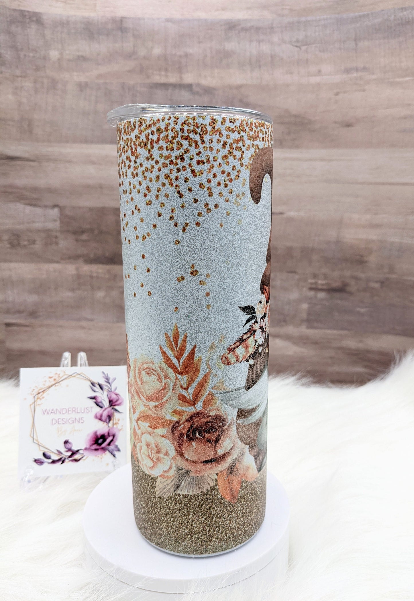 Glitter Boho Floral Gnome with Glitter Accents Peach Copper 20 Oz Sublimated Skinny Tumbler - Insulated Stainless