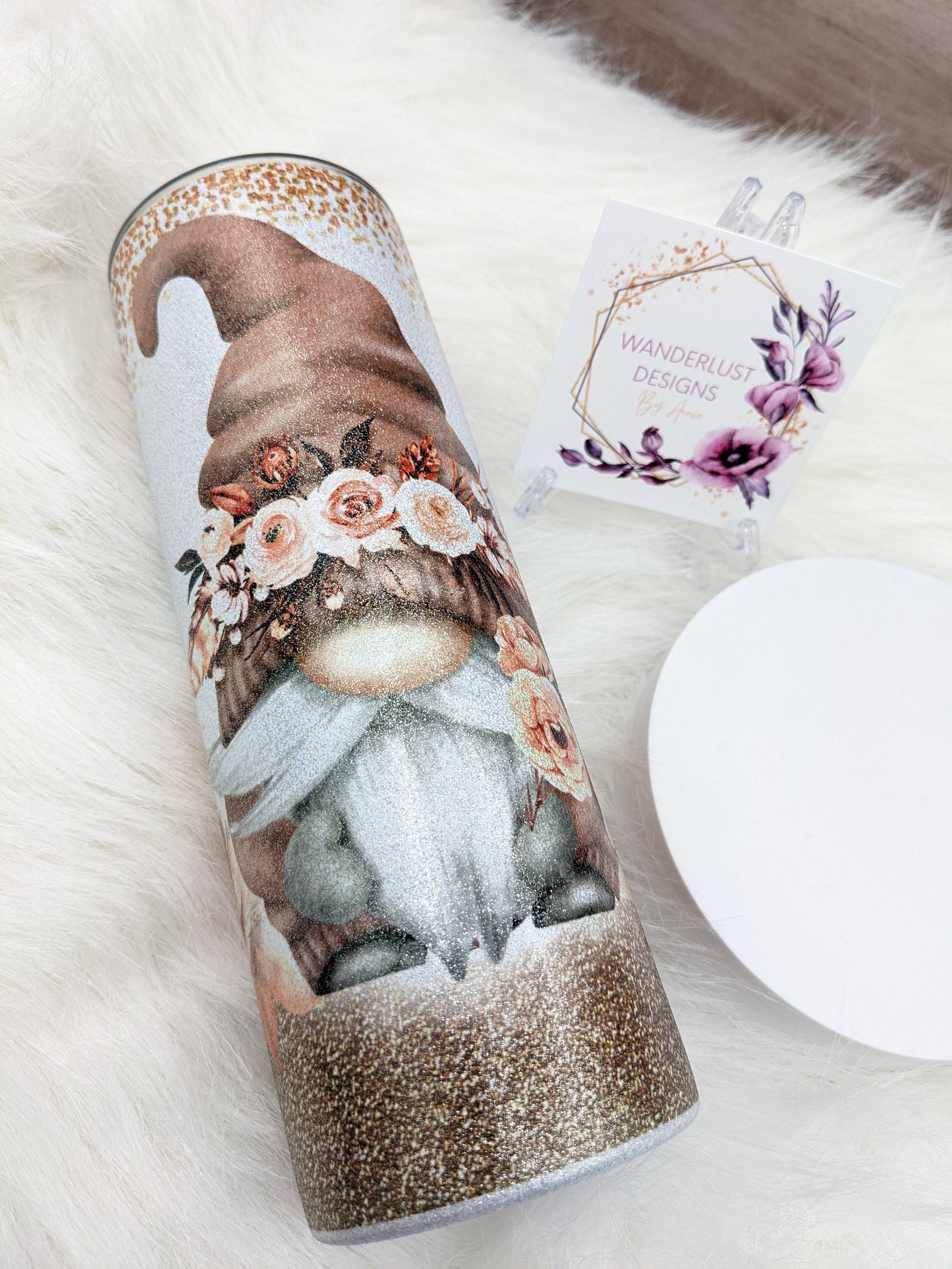 Glitter Boho Floral Gnome with Glitter Accents Peach Copper 20 Oz Sublimated Skinny Tumbler - Insulated Stainless