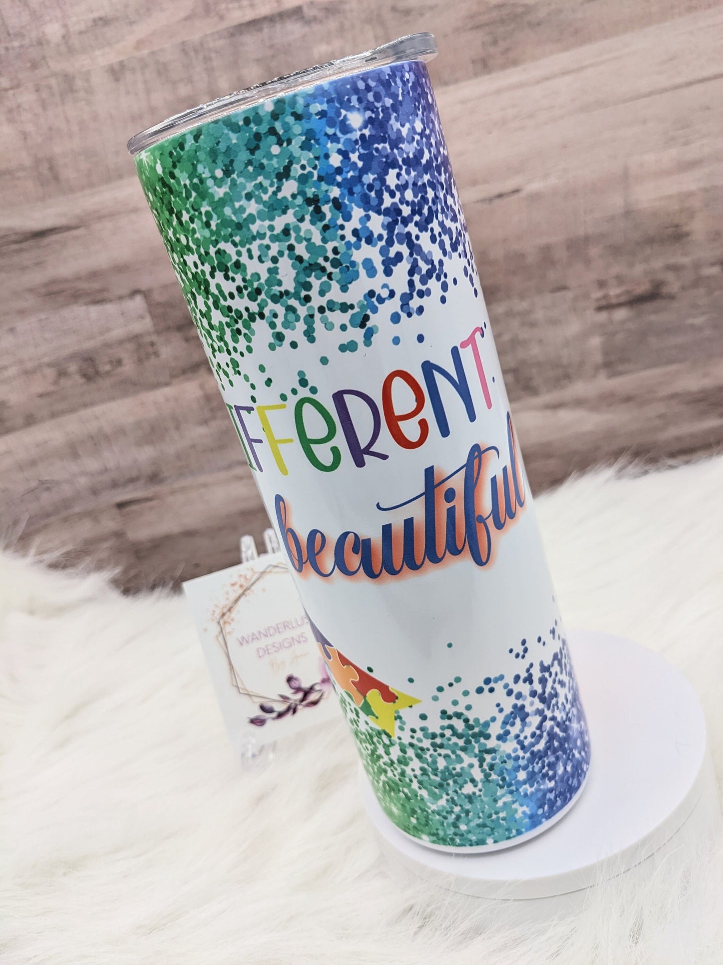 Autism Awareness Glitter Puzzle Ribbon Different is Beautiful 20 Oz Sublimated Skinny Tumbler - Insulated Stainless