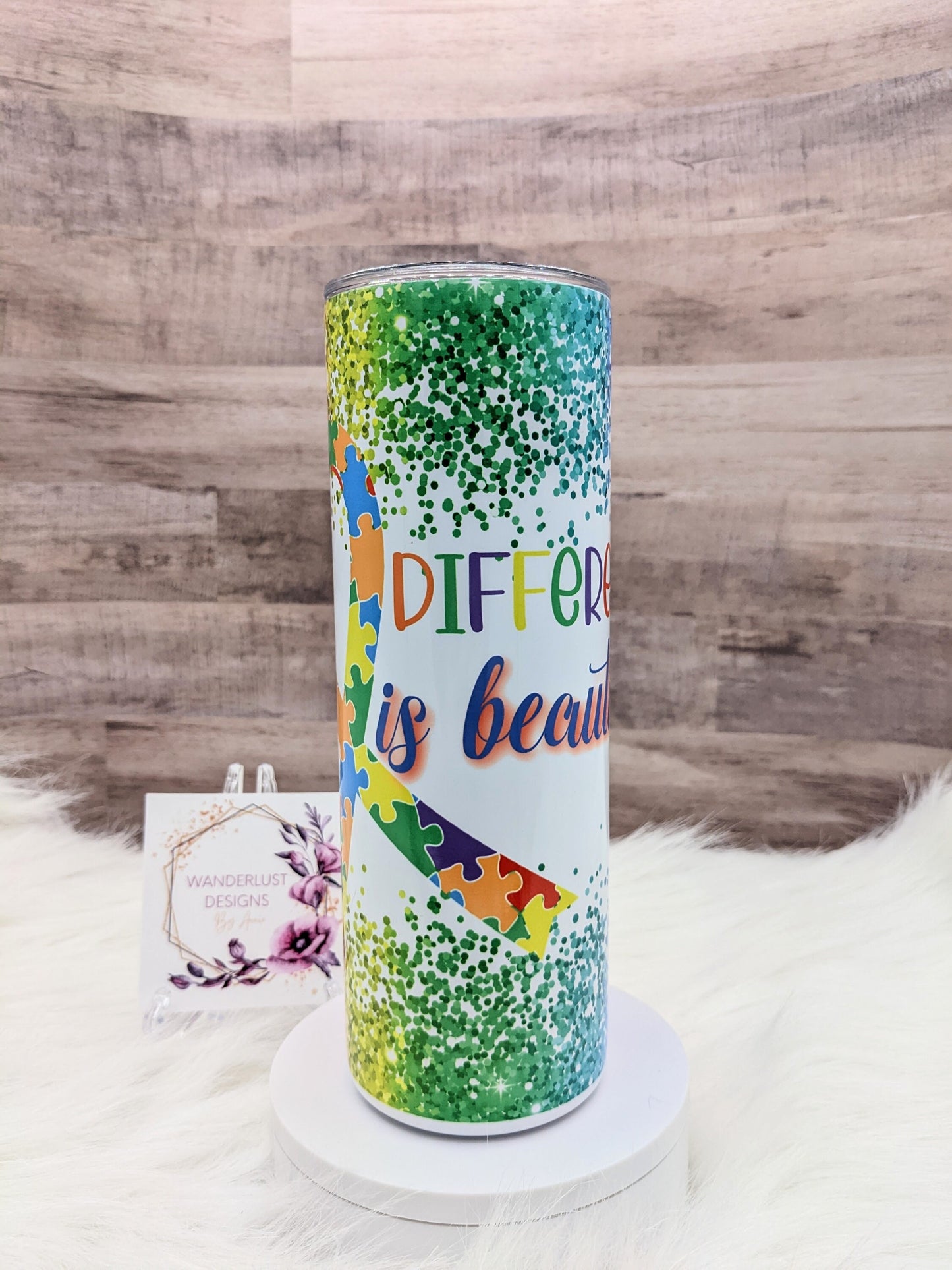 Autism Awareness Glitter Puzzle Ribbon Different is Beautiful 20 Oz Sublimated Skinny Tumbler - Insulated Stainless