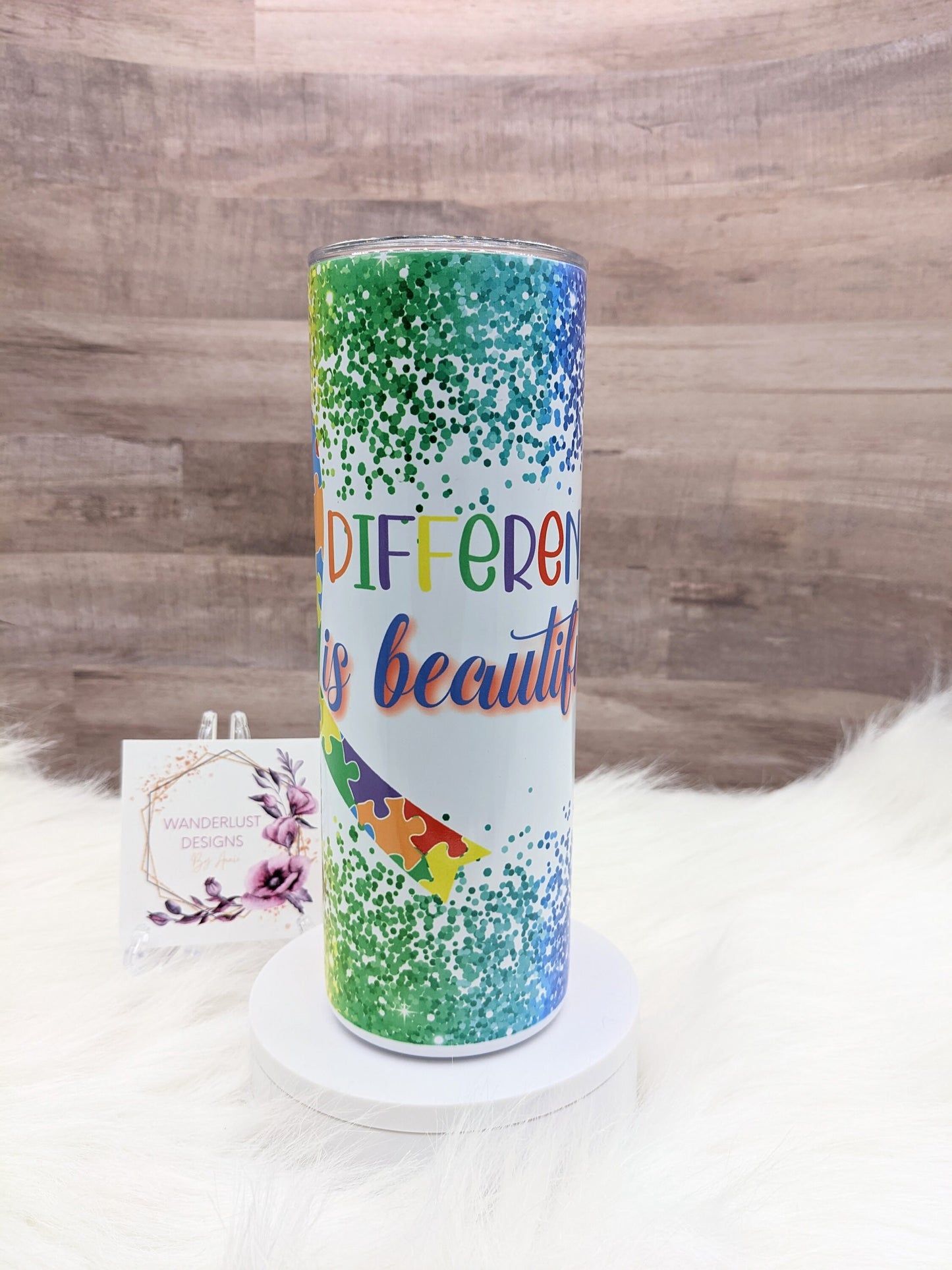 Autism Awareness Glitter Puzzle Ribbon Different is Beautiful 20 Oz Sublimated Skinny Tumbler - Insulated Stainless