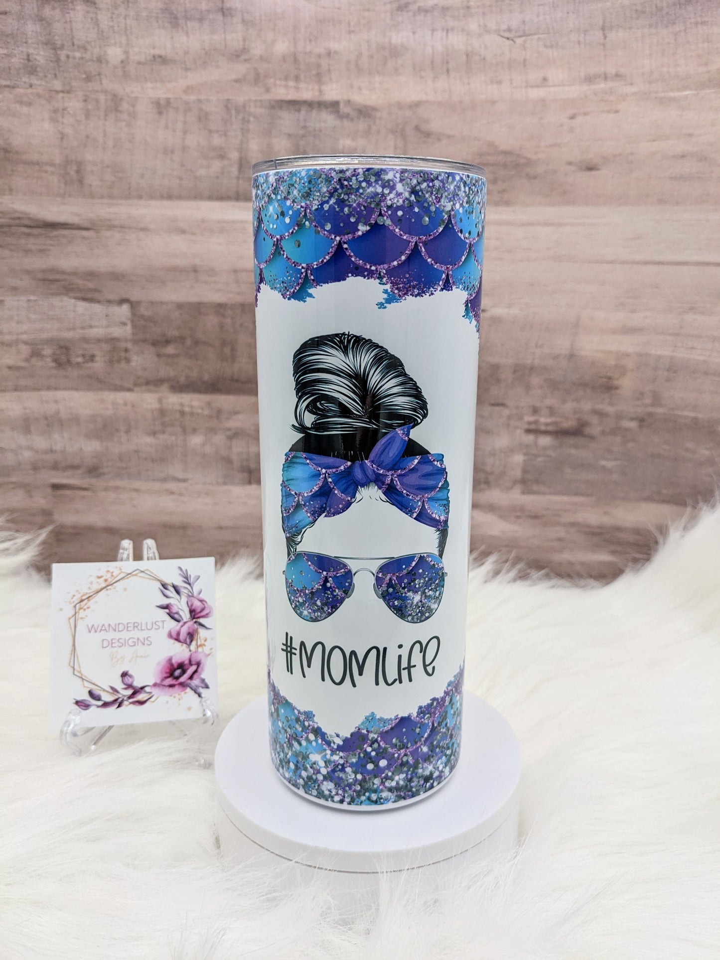 Mom Life Blue and Purple Glitter Accented 20 Oz Sublimated Skinny Tumbler - Insulated Stainless