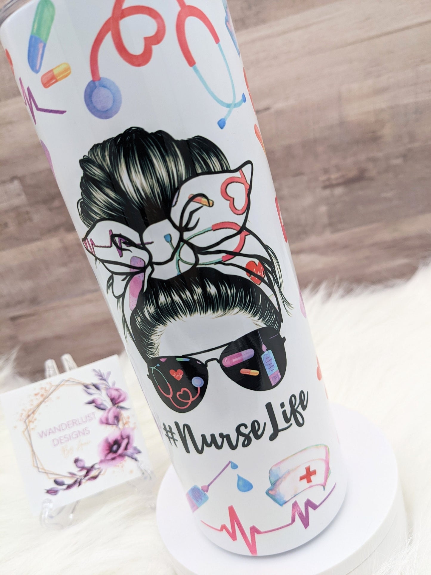 Nurse Life RN LPN Messy Bun 20 Oz Sublimated Skinny Tumbler - Insulated Stainless