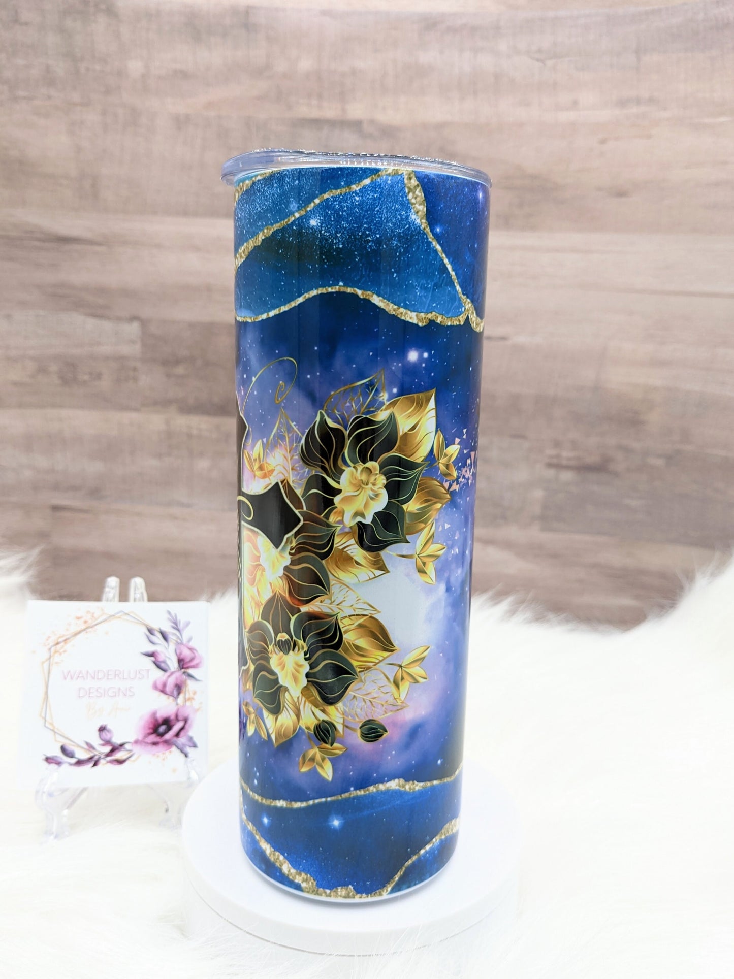 Agate Butterfly Inspirational Faith Cross Blue & Gold 20 Oz Sublimated Skinny Tumbler - Insulated Stainless