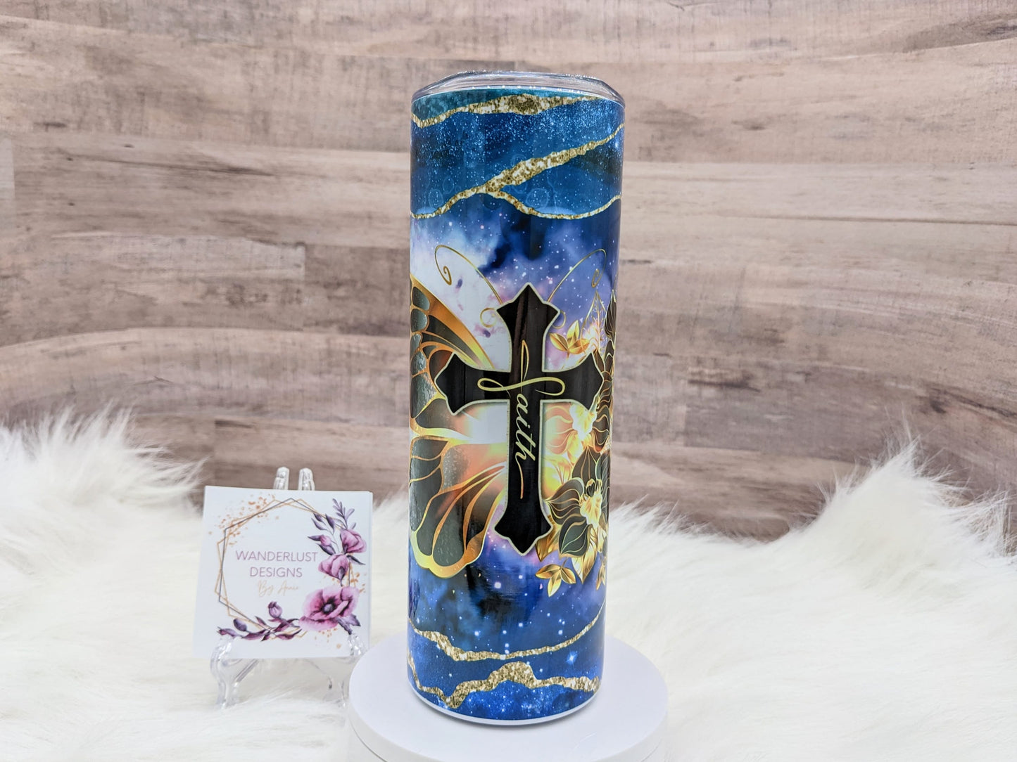 Agate Butterfly Inspirational Faith Cross Blue & Gold 20 Oz Sublimated Skinny Tumbler - Insulated Stainless