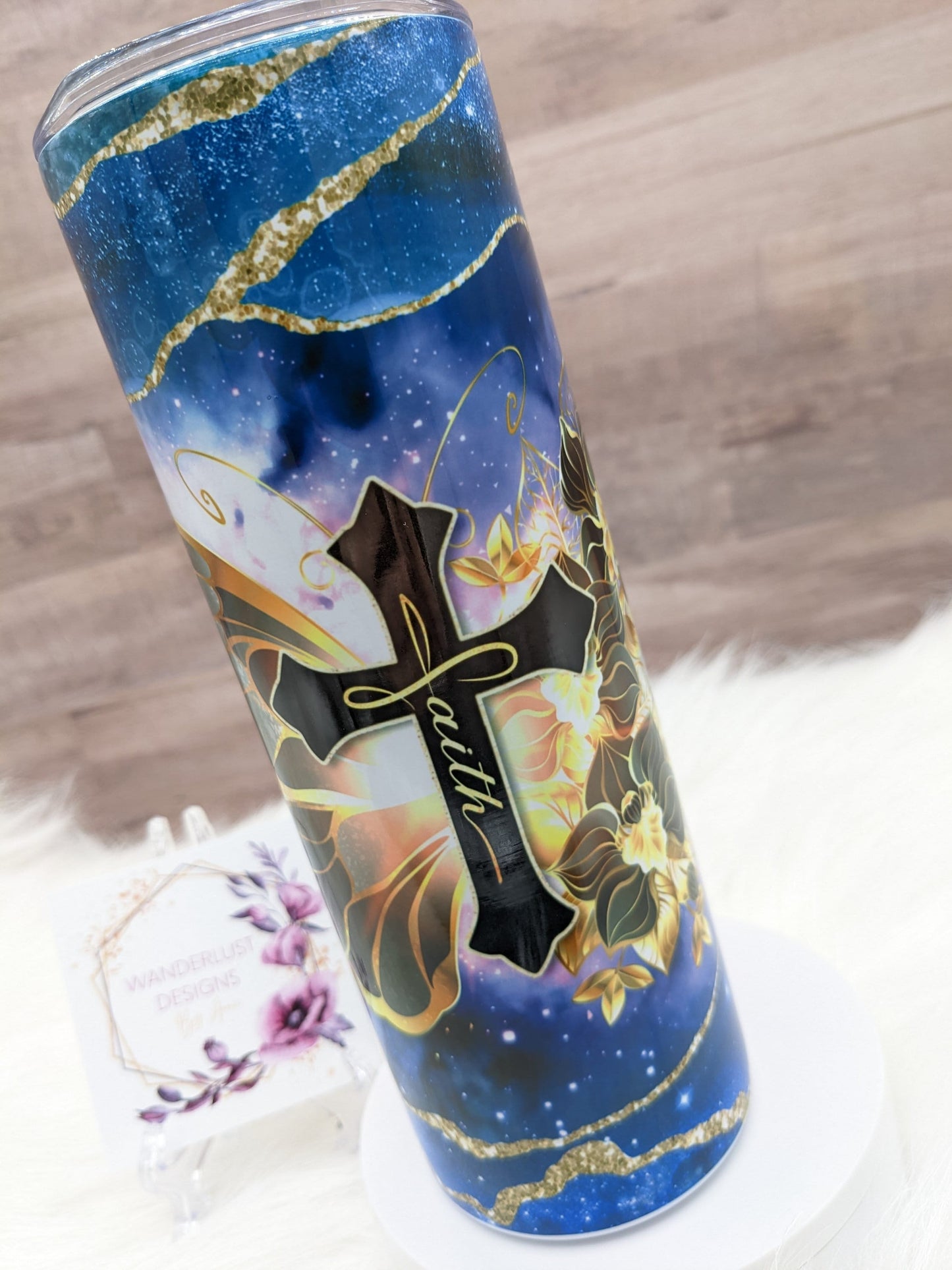 Agate Butterfly Inspirational Faith Cross Blue & Gold 20 Oz Sublimated Skinny Tumbler - Insulated Stainless