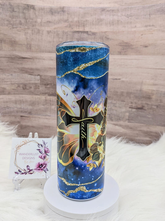 Agate Butterfly Inspirational Faith Cross Blue & Gold 20 Oz Sublimated Skinny Tumbler - Insulated Stainless