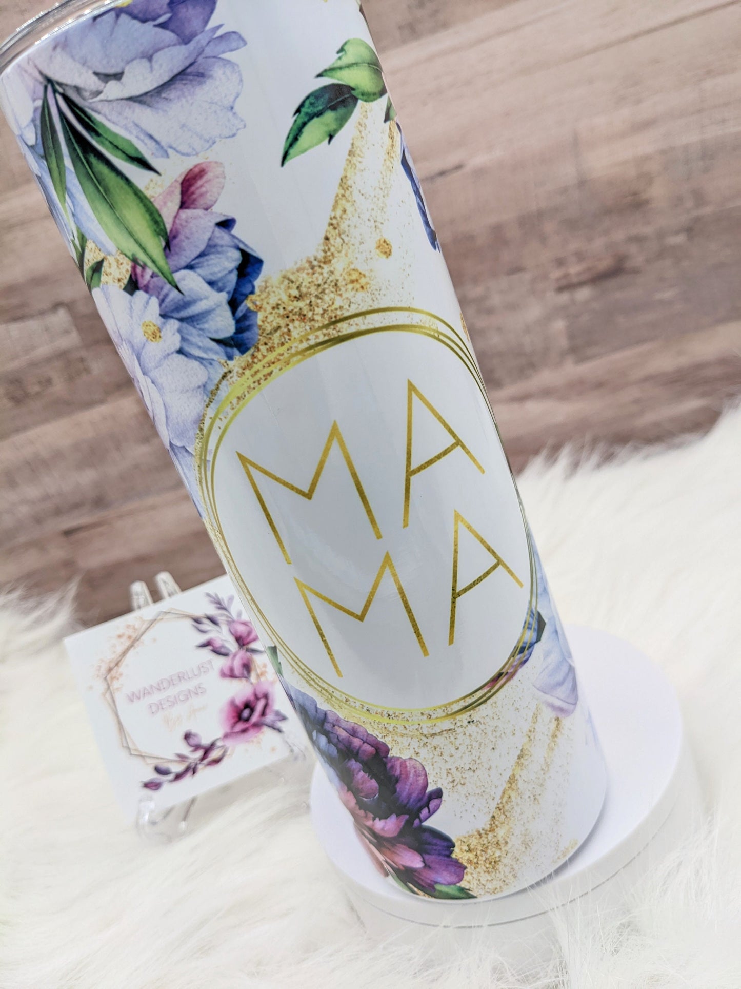 Mama Purple, Blue and Plum Floral Tumbler 20 Oz Sublimated Skinny Tumbler - Insulated Stainless