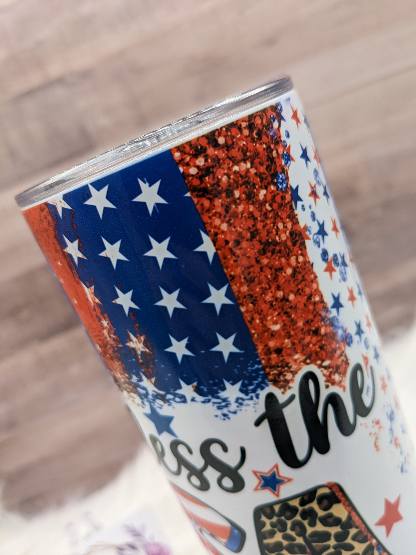 God Bless the USA Leopard Accented Stars and Stripes  20 Oz Sublimated Skinny Tumbler - Insulated Stainless