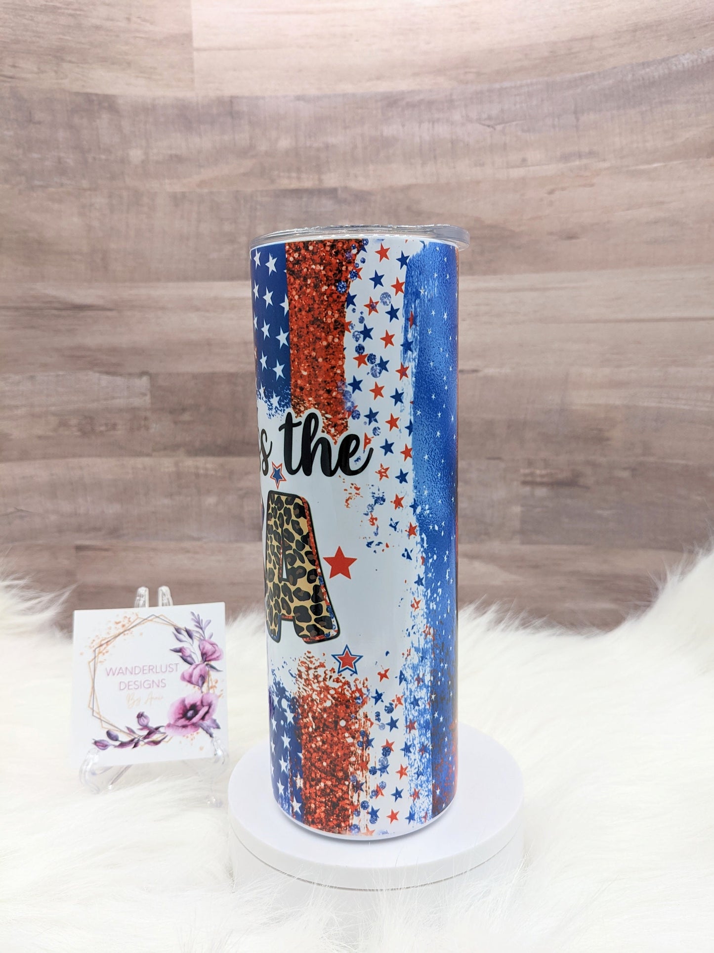 God Bless the USA Leopard Accented Stars and Stripes  20 Oz Sublimated Skinny Tumbler - Insulated Stainless