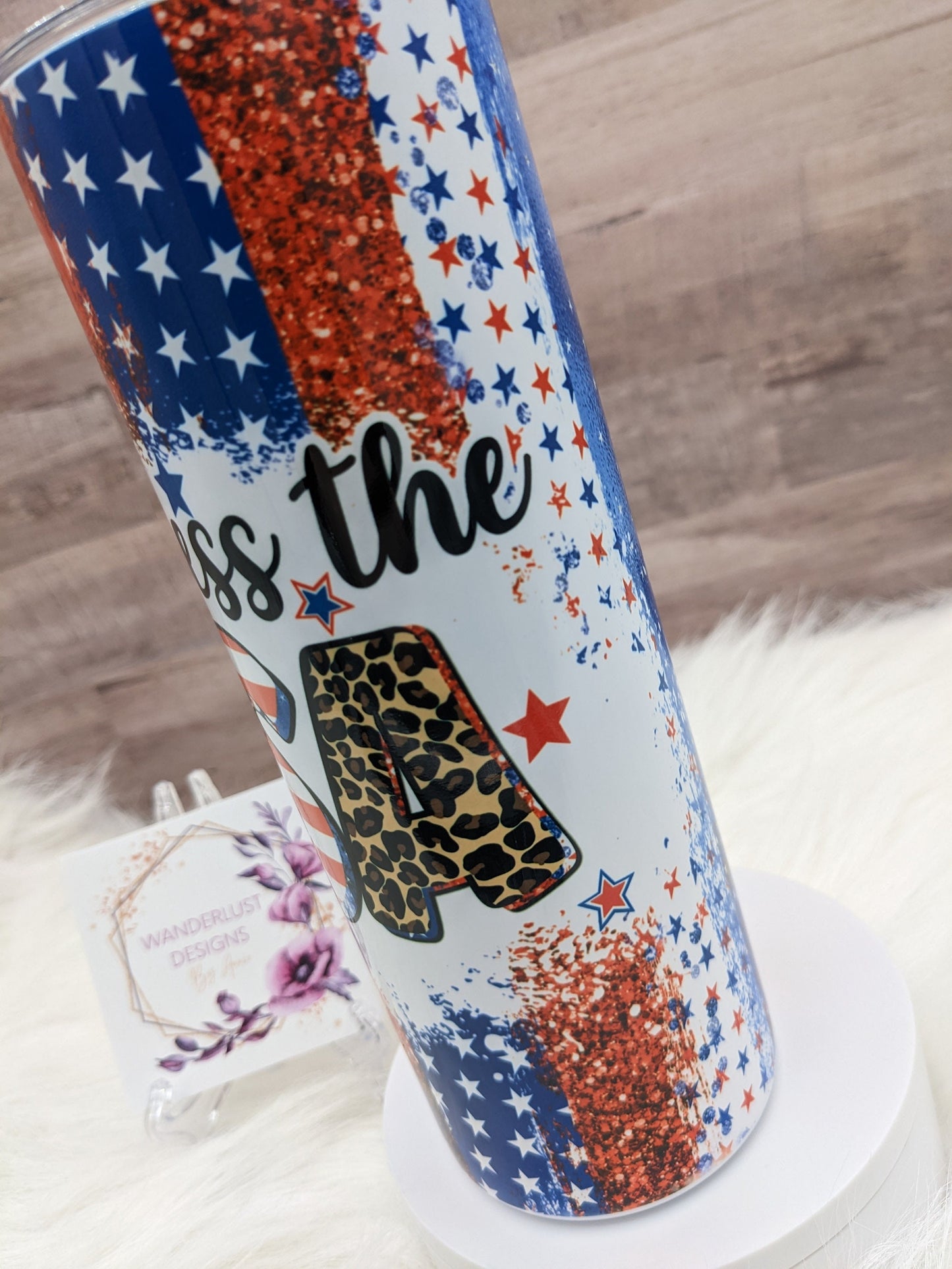 God Bless the USA Leopard Accented Stars and Stripes  20 Oz Sublimated Skinny Tumbler - Insulated Stainless